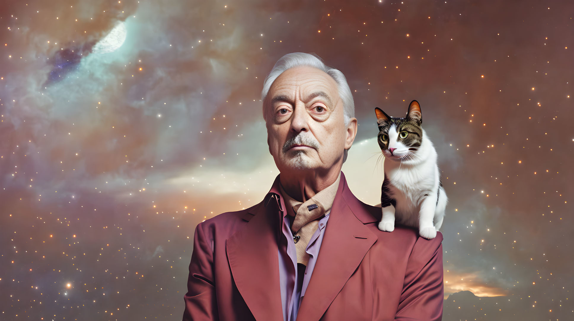 Elderly man with mustache in maroon blazer and calico cat on shoulder in cosmic