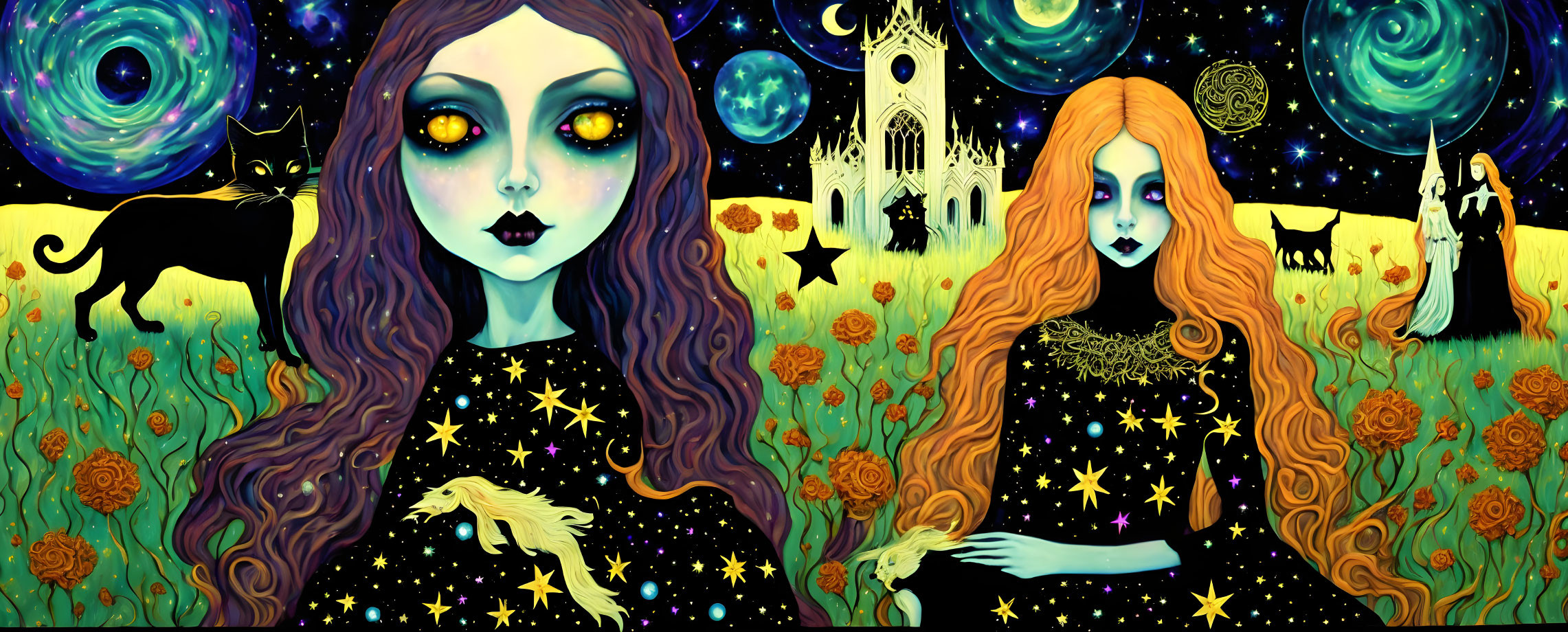 Stylized women with vibrant eyes in cosmic fantasy setting