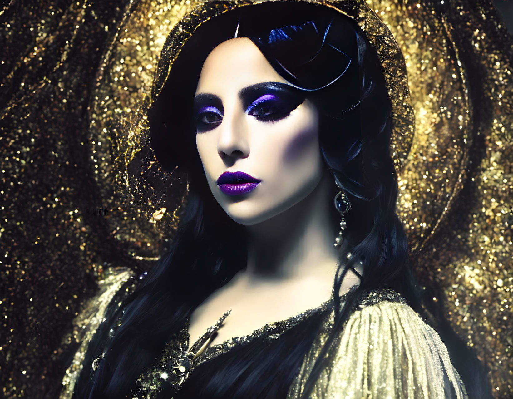 Person with dramatic purple makeup against golden backdrop