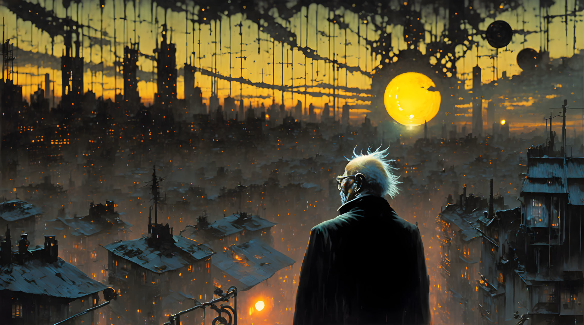 Elderly person gazes at futuristic cityscape under yellow sky