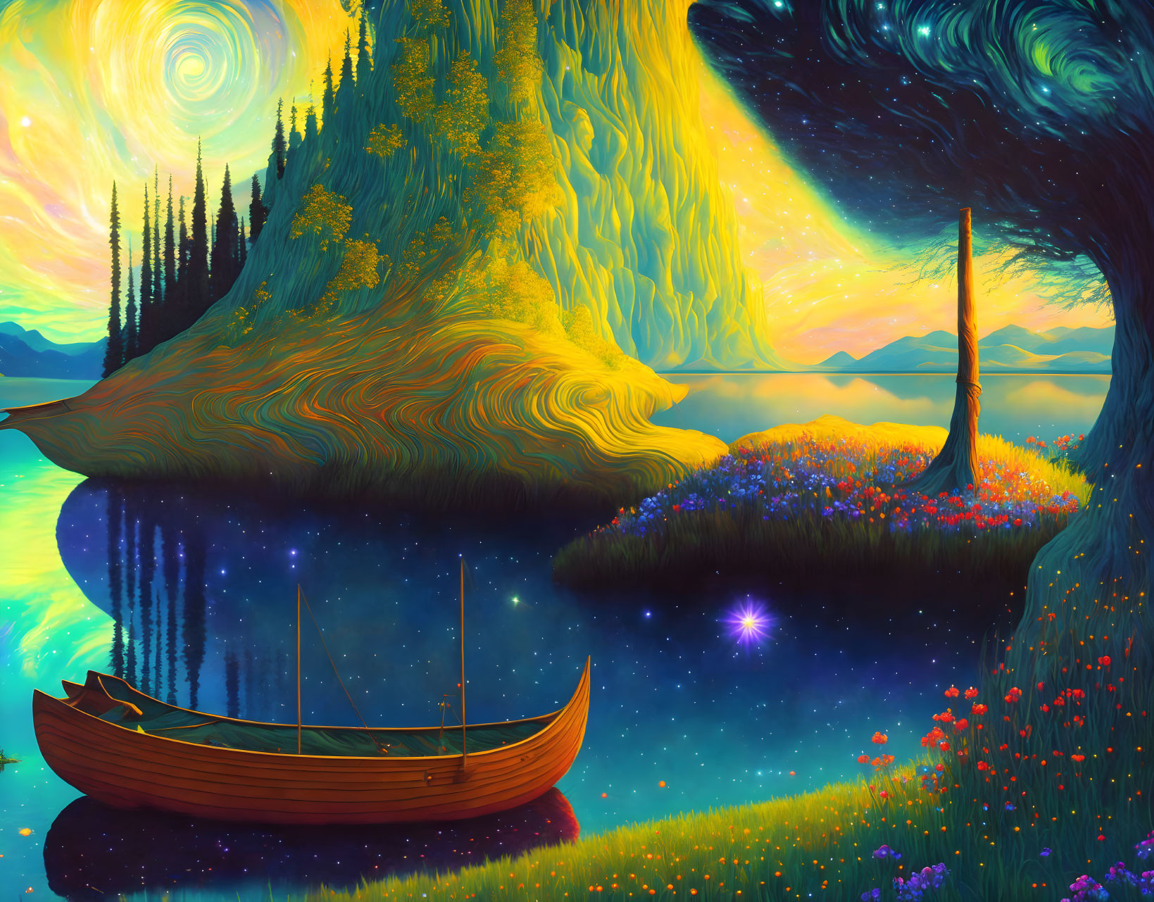 Colorful Artwork: Whimsical Landscape with Northern Lights, Lake, Boat, and Flowered