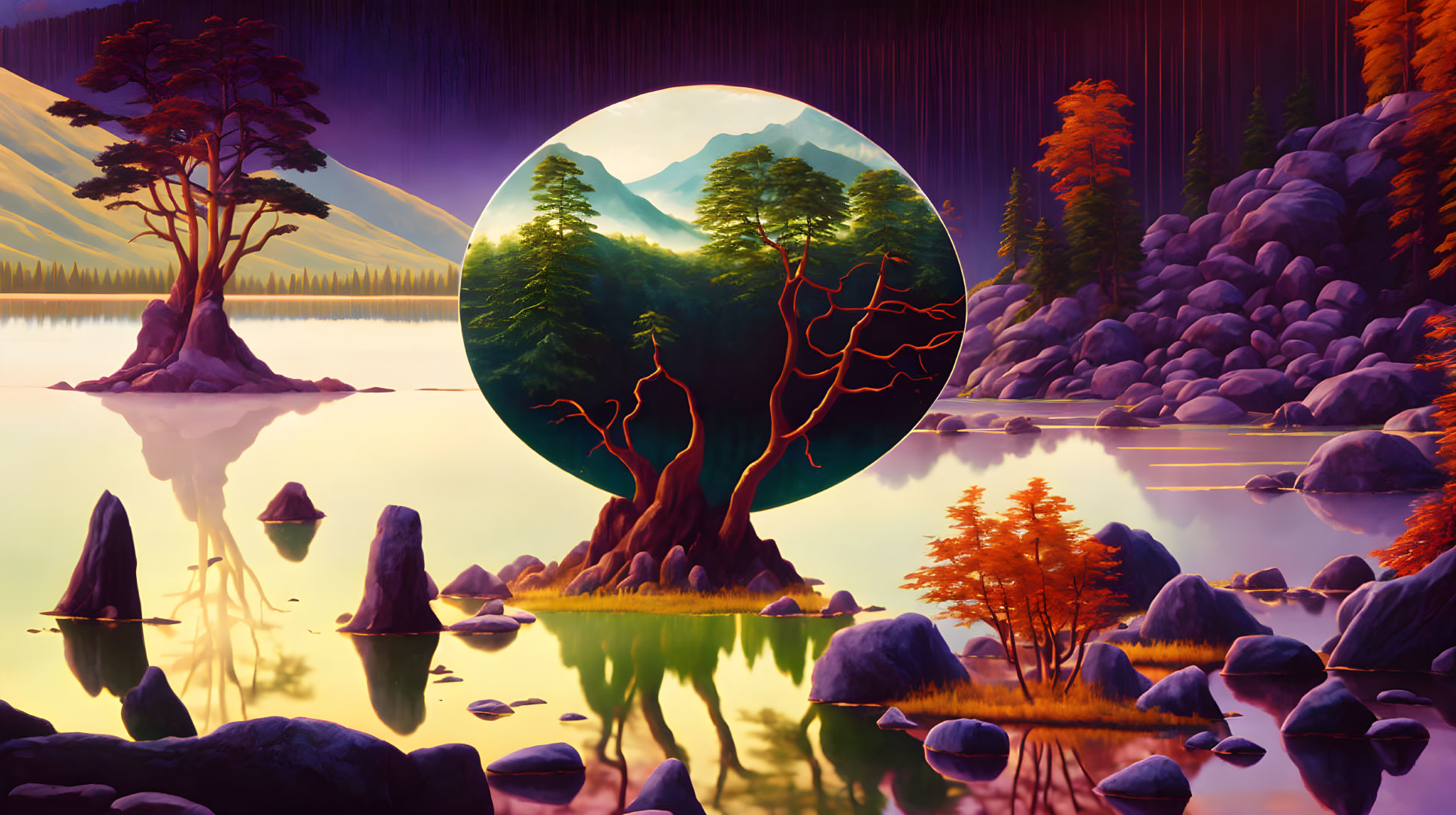 Surreal landscape painting: serene lake, floating rocks, colorful trees, circular portal, mountain view