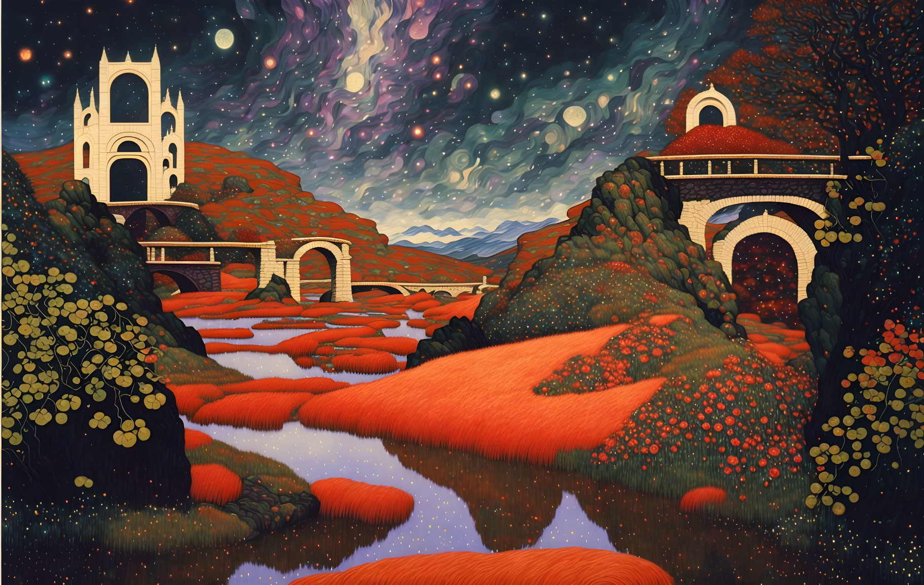 Fantasy landscape with red foliage, winding river, starry sky, whimsical architecture