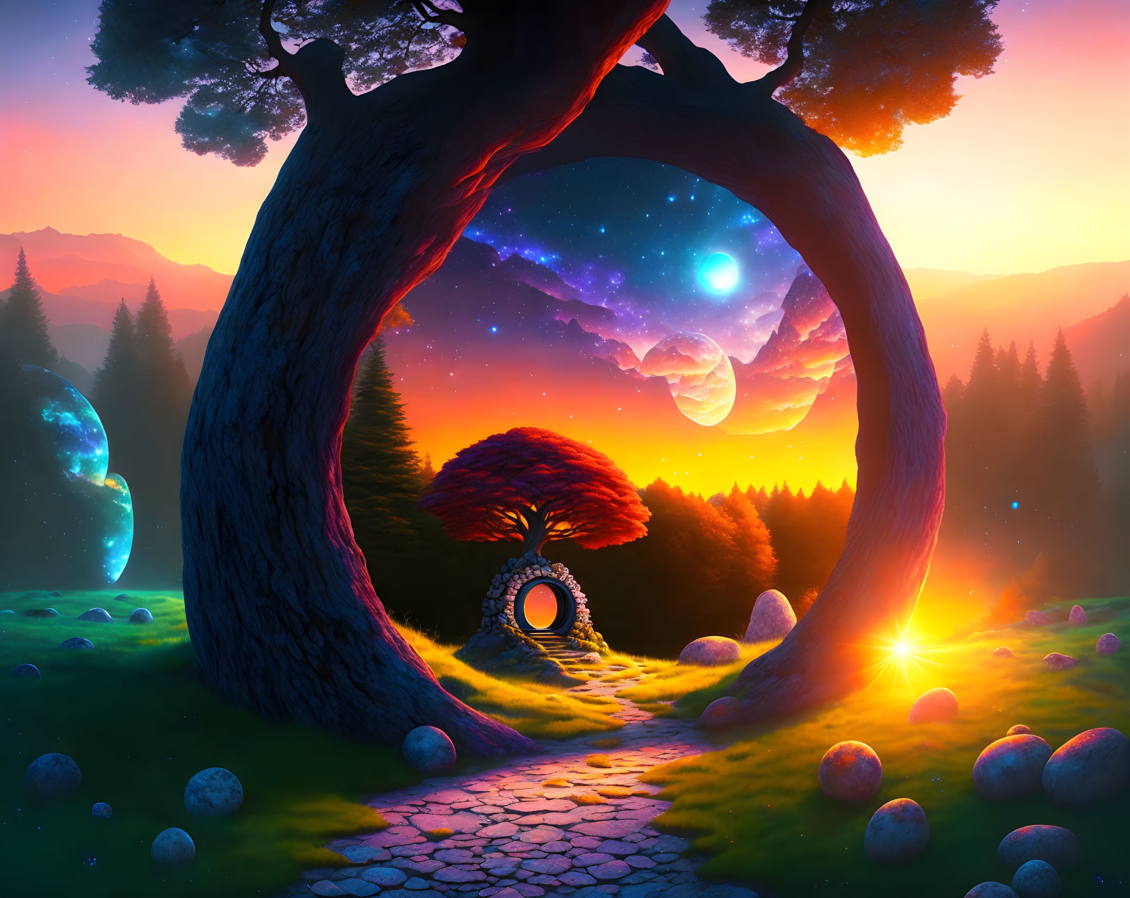 Fantasy landscape with tree archway, sunset path, cosmic sky.