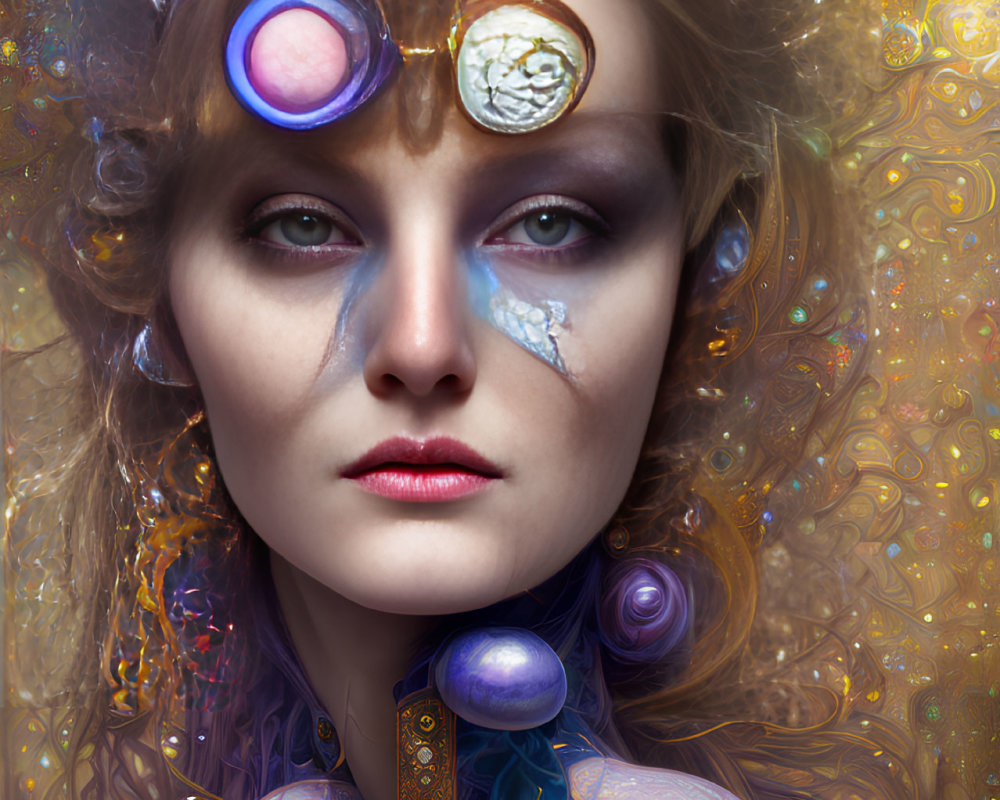 Ethereal makeup and swirling adornments on woman portrait