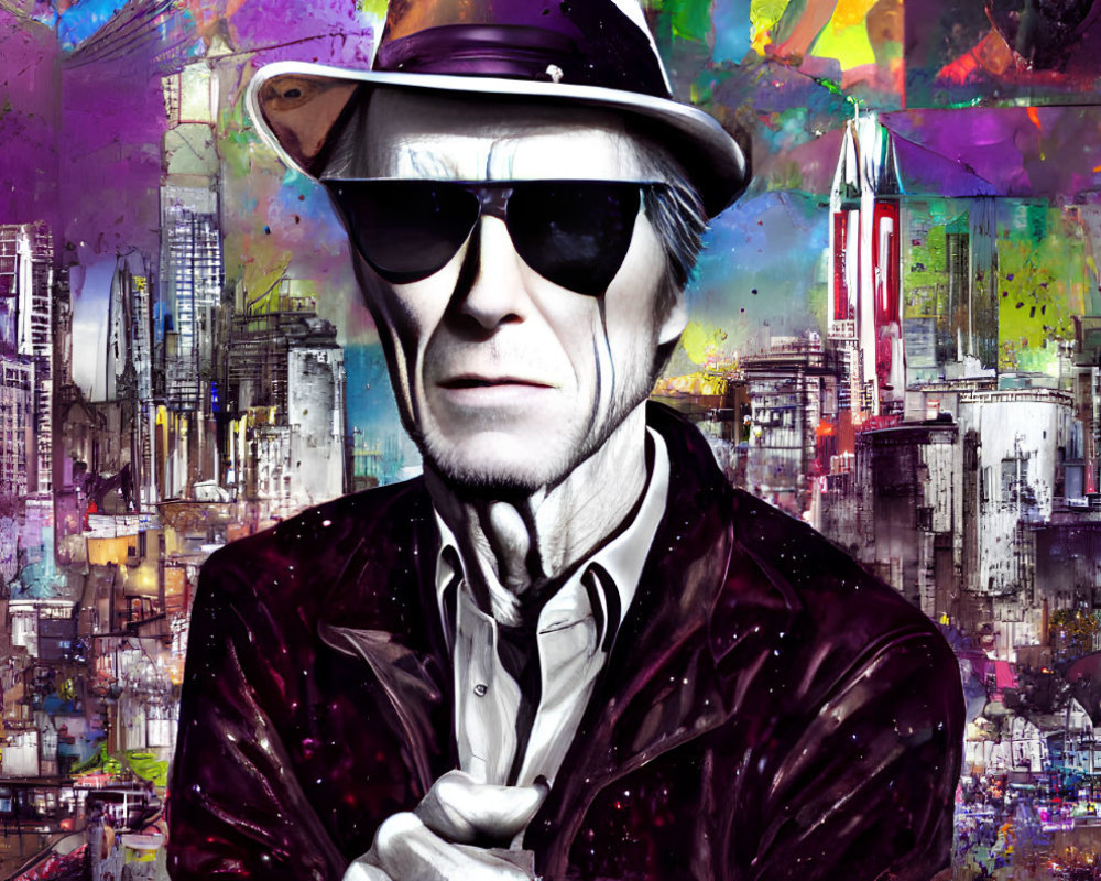 Elderly Man in Hat and Sunglasses with Abstract Cityscape