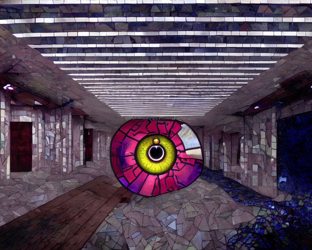 Mosaic Walls and Giant Eye in Eerie Indoor Space