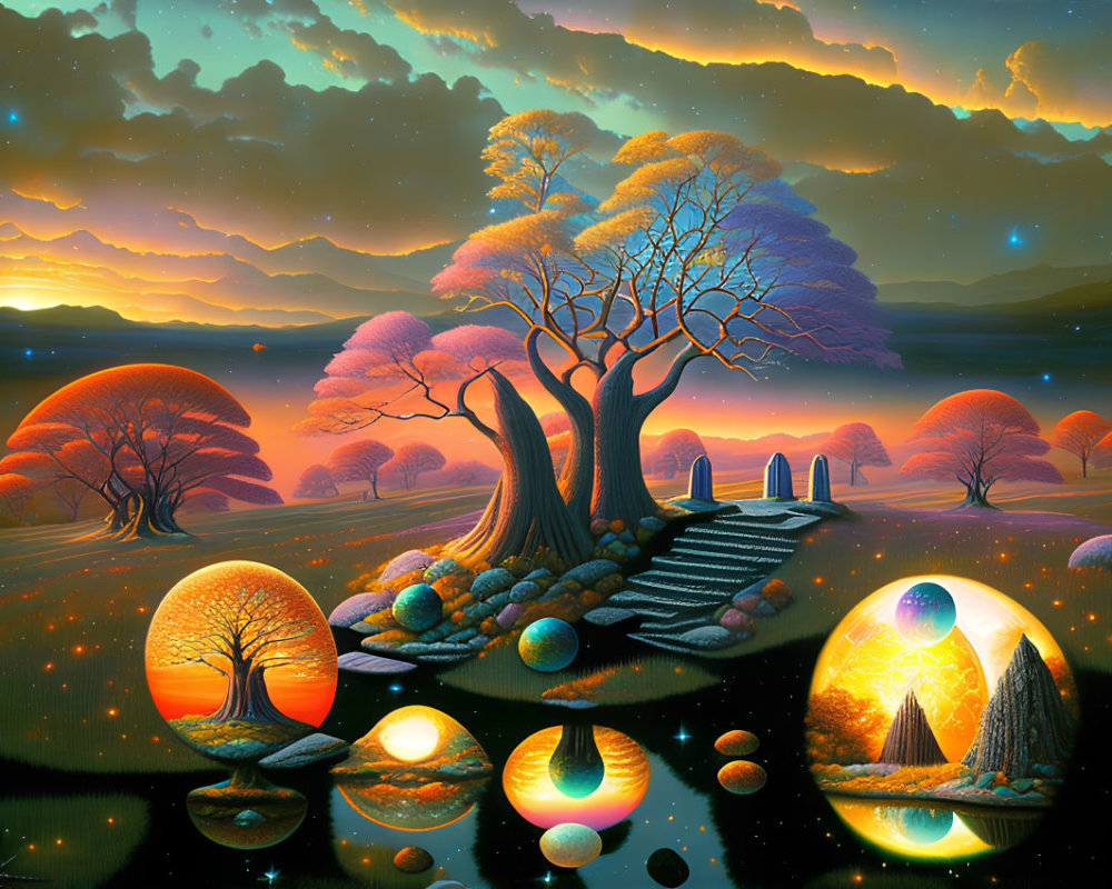 Surreal digital artwork: luminous trees, reflective spheres, staircase, stone circle, starry