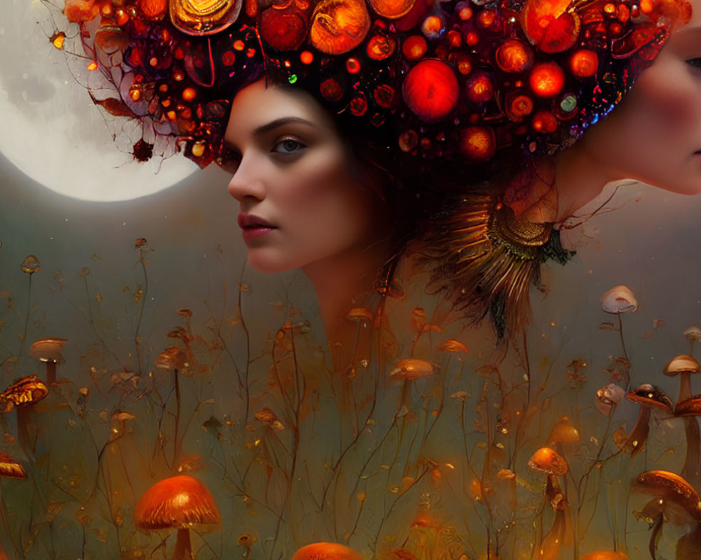 Surreal image: Woman with fruit and flower headdress, glowing mushrooms, moon.