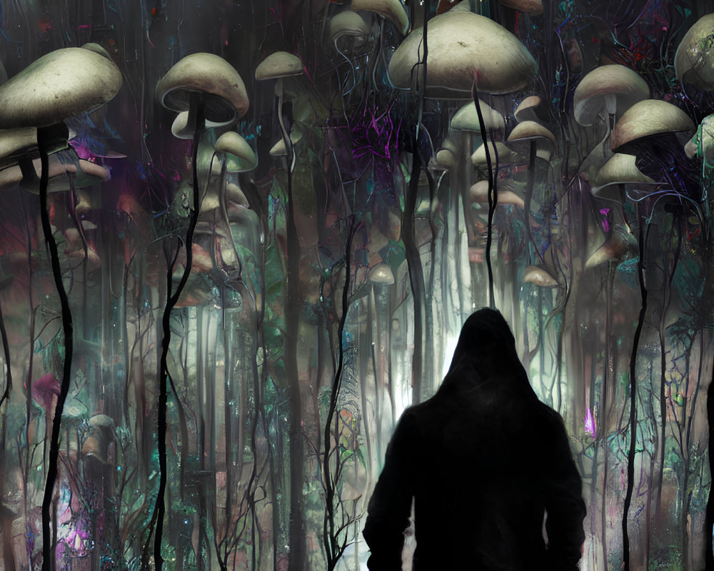 Mystical forest scene with hooded figure and oversized mushrooms