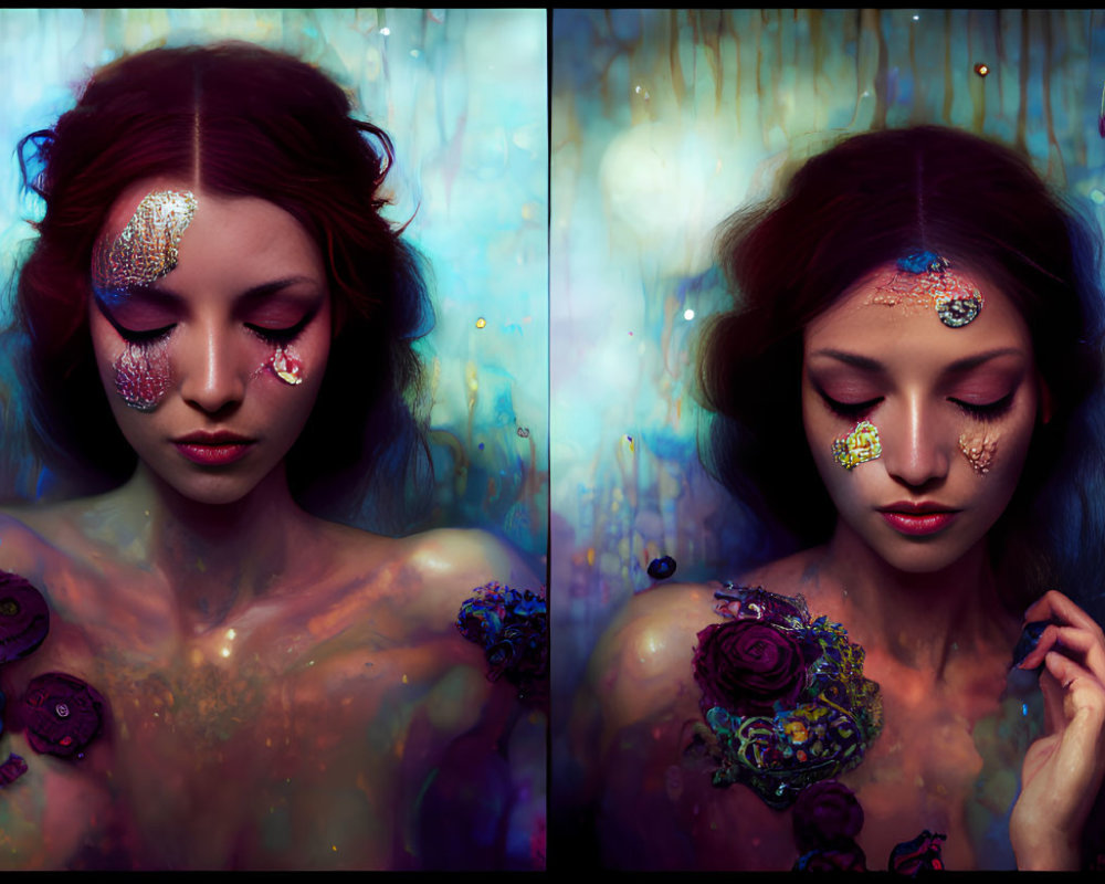 Red-haired woman with artistic makeup in diptych against mystical background