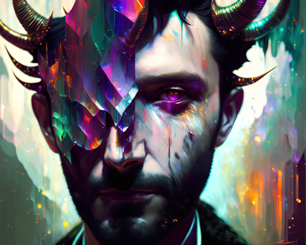 Abstract digital art: Male figure with fractured crystal face and vibrant horns in glowing background