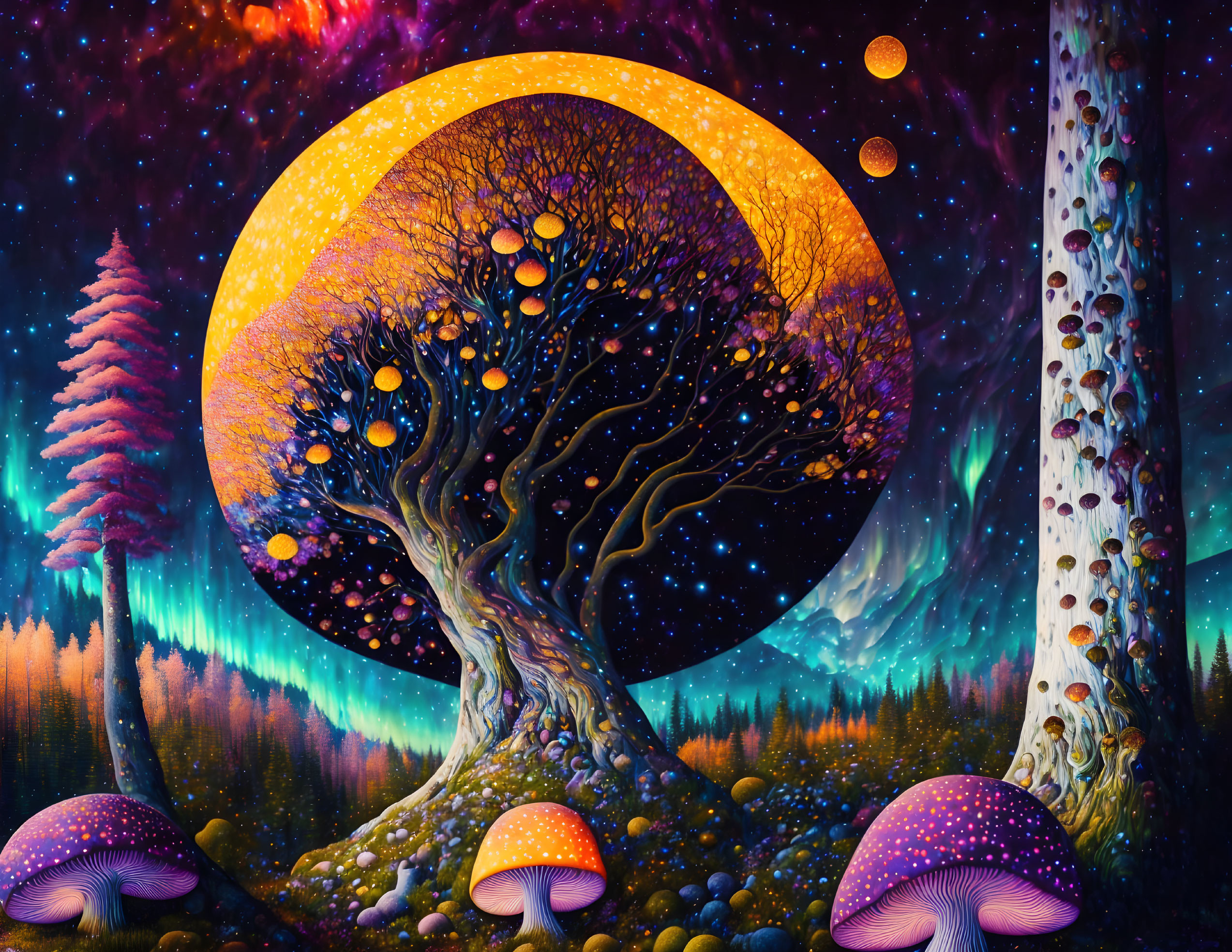 Colorful Psychedelic Landscape with Twisted Tree, Celestial Backdrop, Glowing Mushrooms