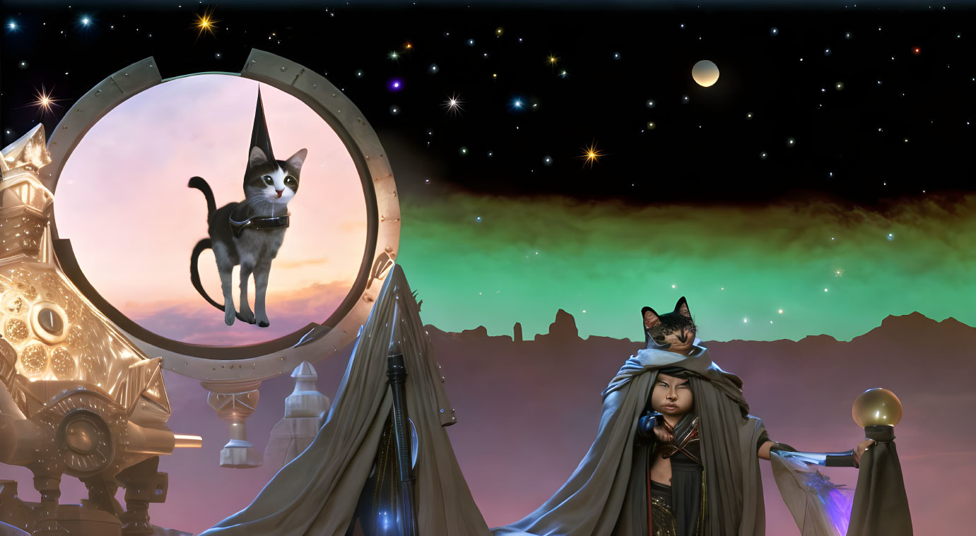 Person in cape and cat-eared hood by magical mirror with cat, starry sky.