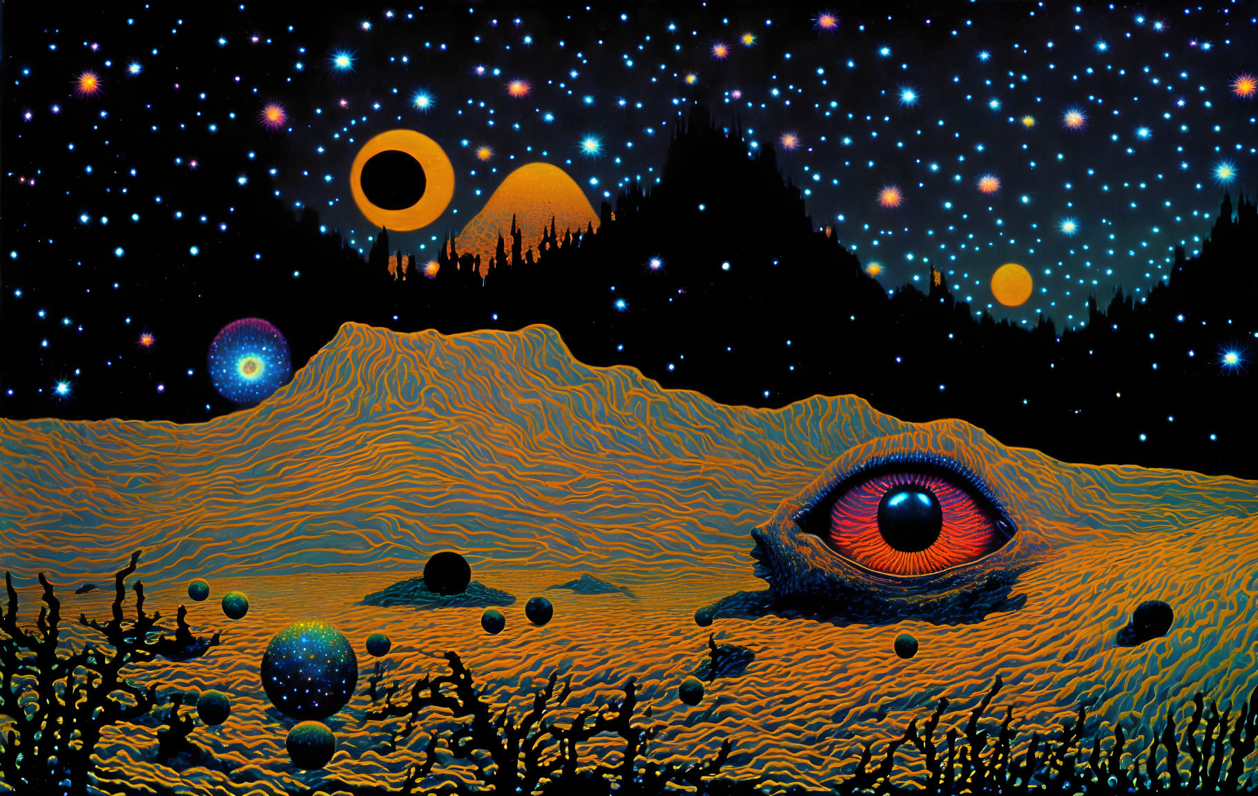 Colorful surreal cosmic landscape with giant eye & celestial bodies