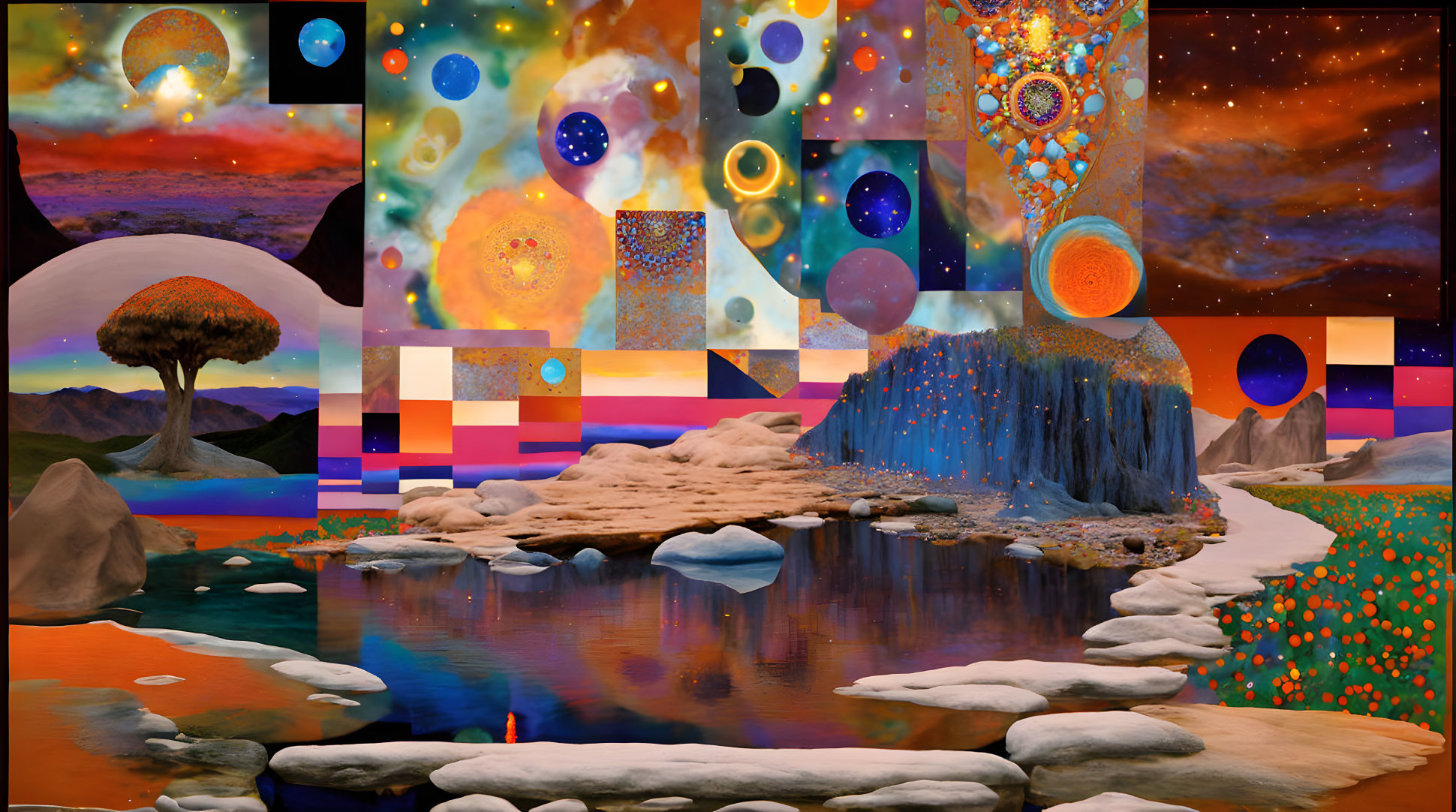 Vibrant surreal landscapes with cosmic and fantastical elements