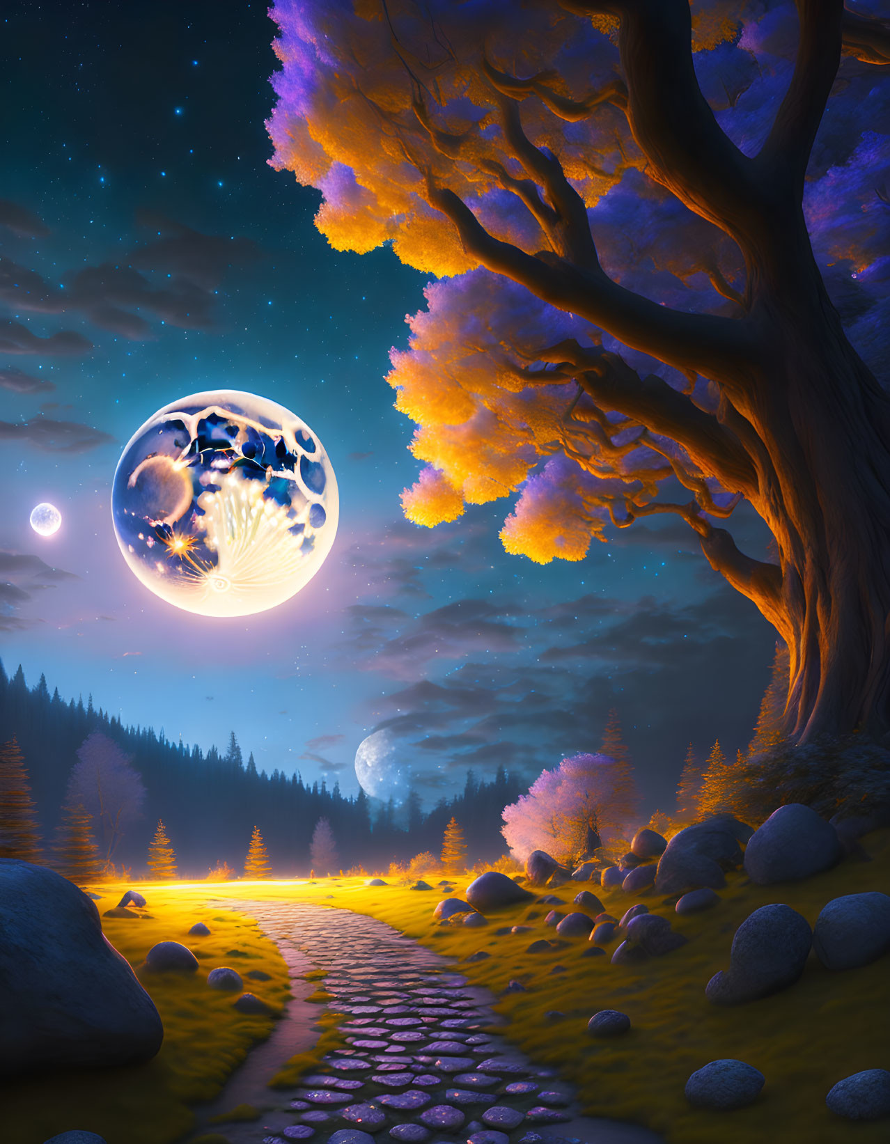 Detailed Fantasy Night Landscape with Glowing Moon and Starry Sky