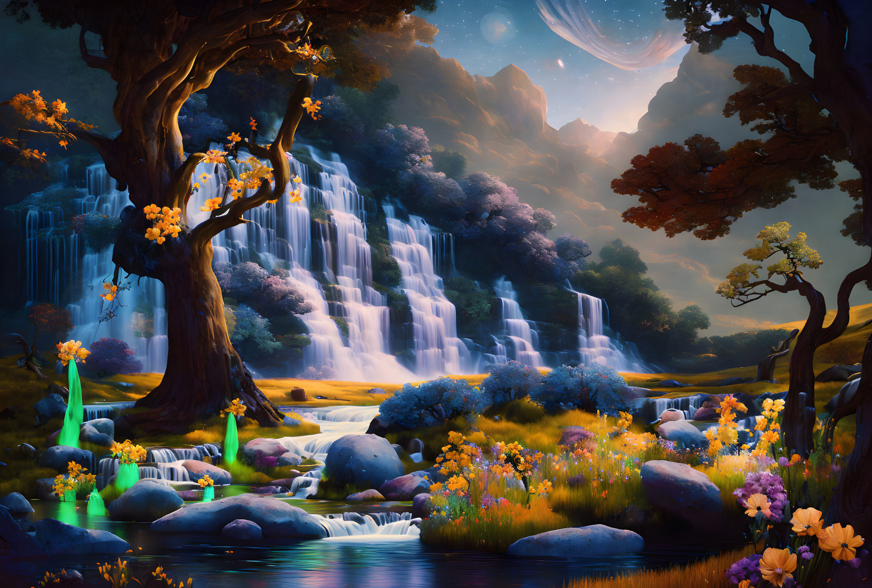 Vibrant fantasy landscape with waterfall, luminous trees, colorful flora, serene river