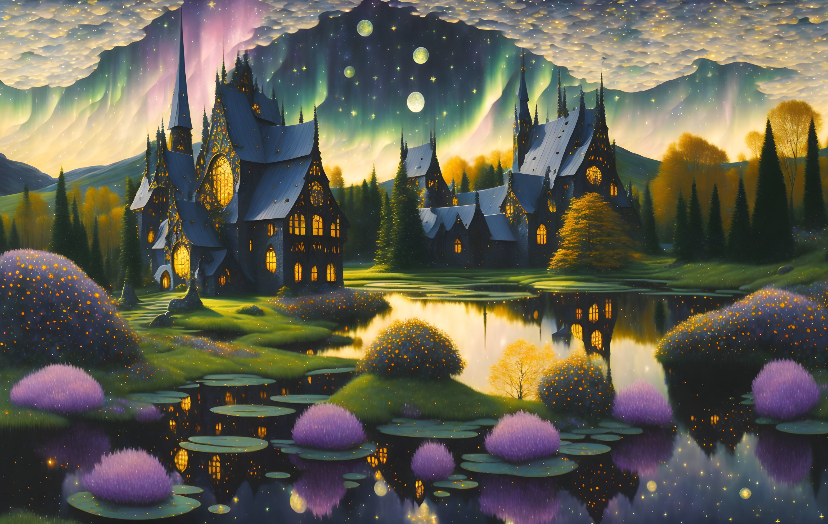 Twilight landscape with castle, lake, flora & aurora borealis