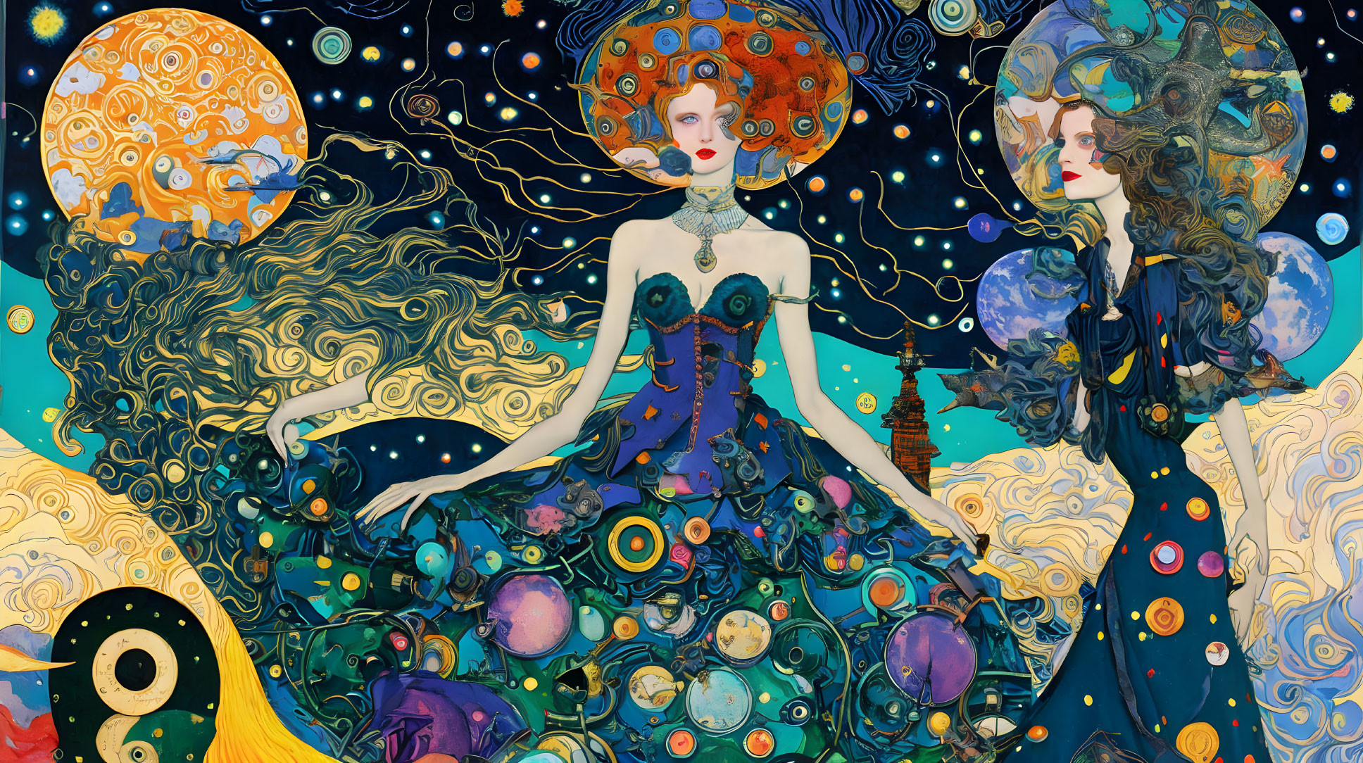 Cosmic-themed illustration of two women in celestial attire surrounded by planets and stars