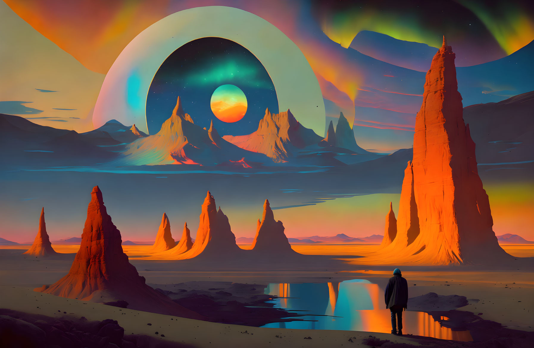 Surreal landscape with towering spires and celestial bodies