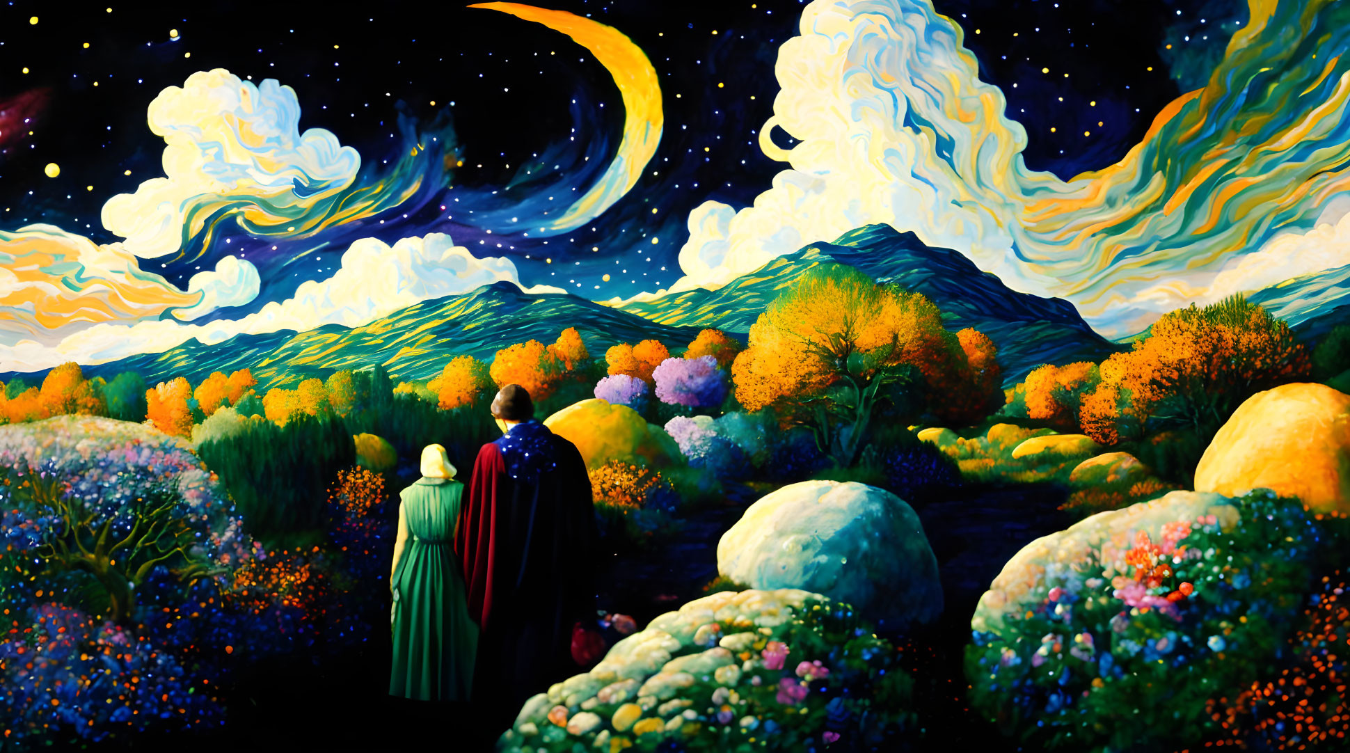 Colorful painting: Two figures in flower-filled landscape under starry sky