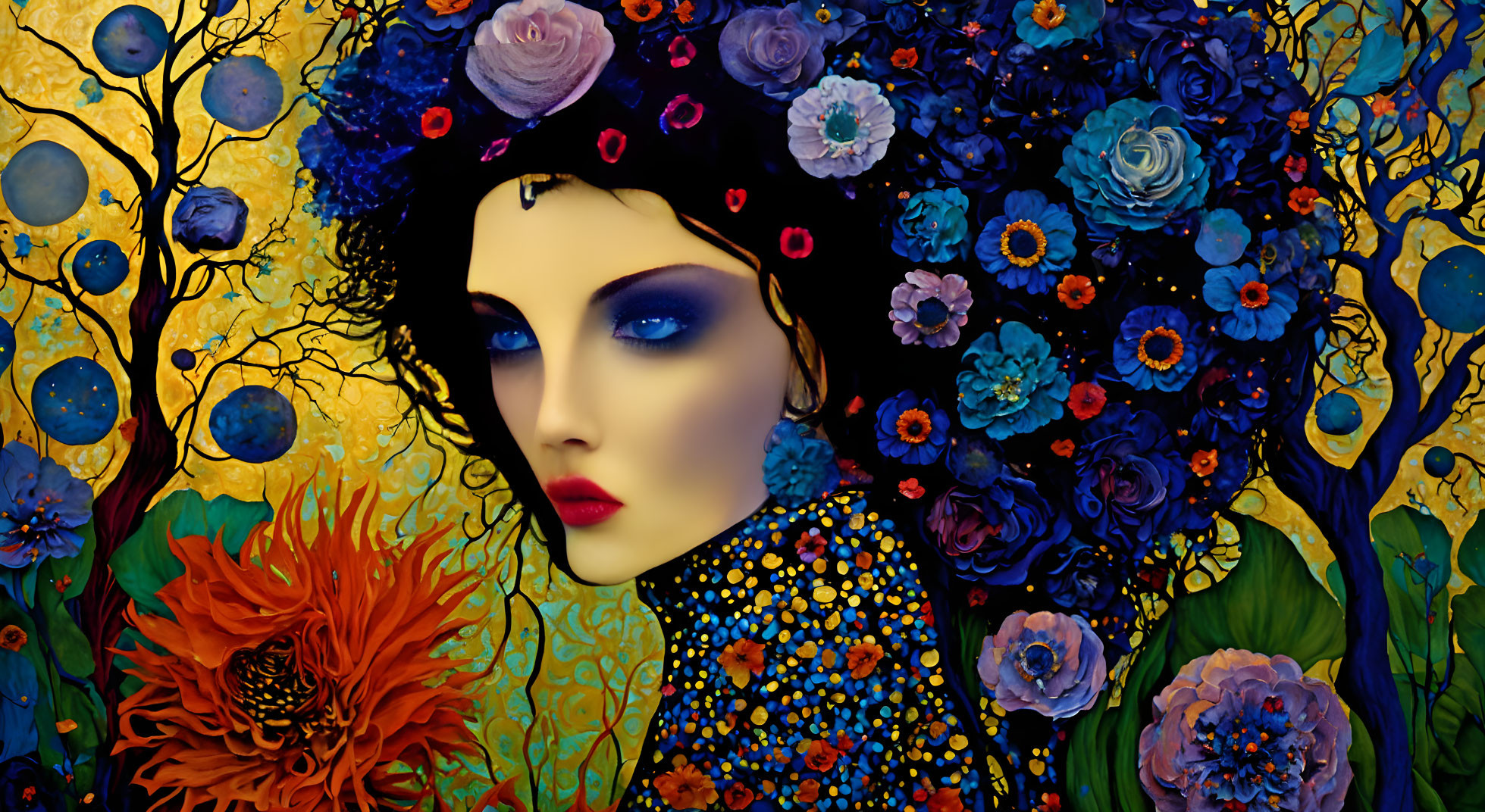 Surrealist portrait of a woman with floral elements in vibrant setting