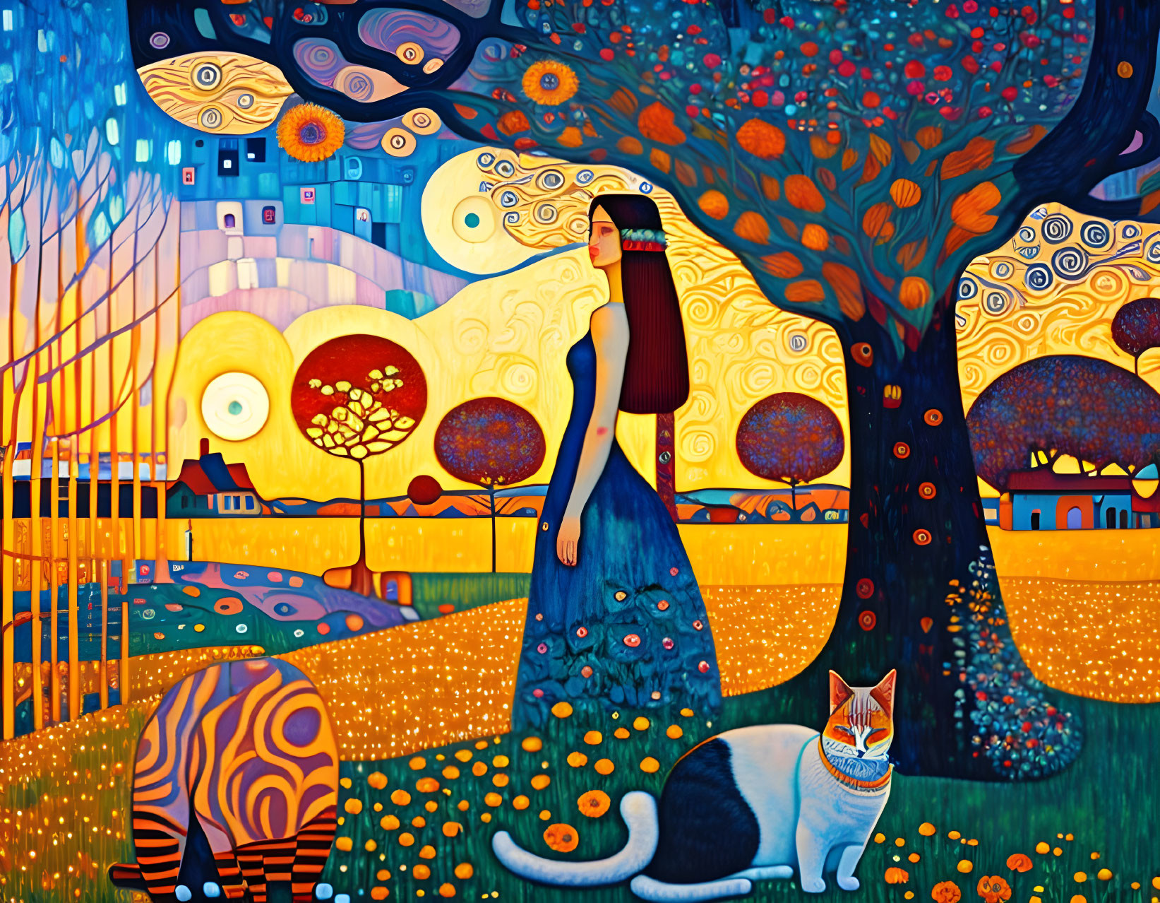 Colorful painting of woman with flowing hair in fantastical landscape