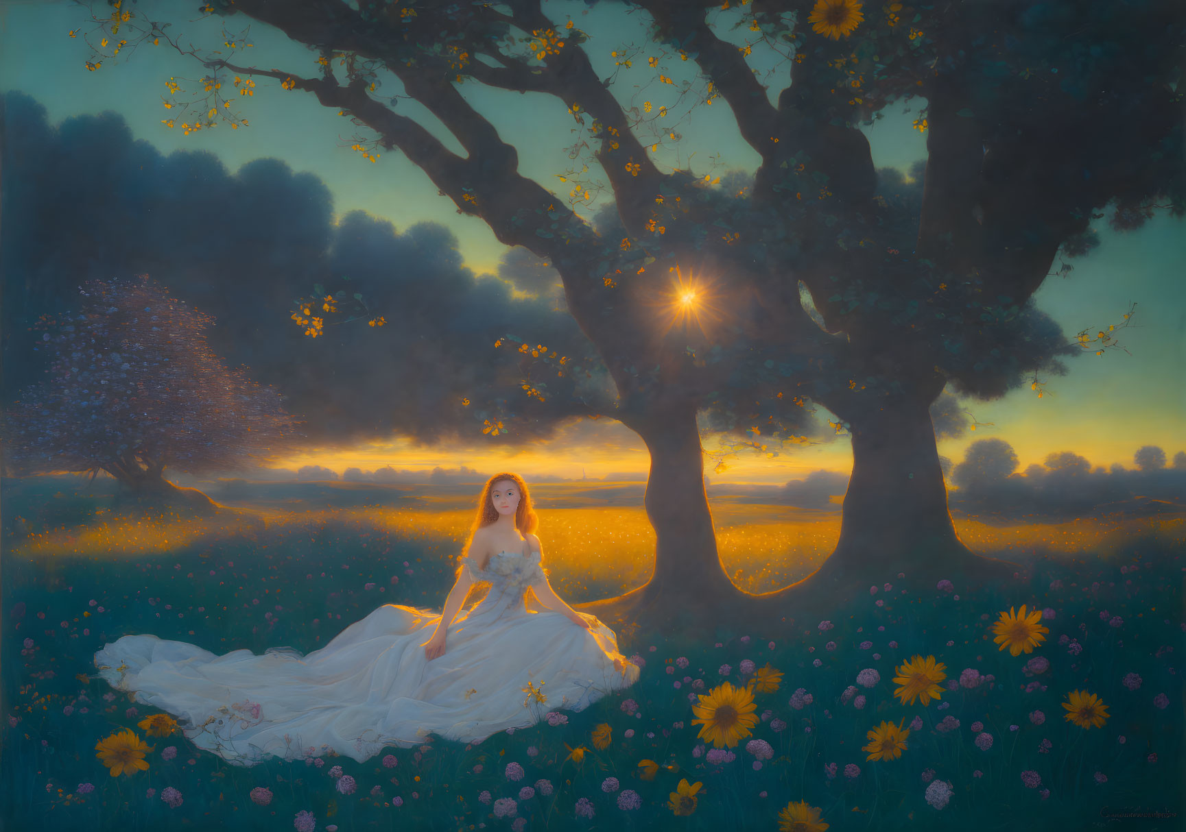Woman in white gown under tree at twilight in flower field