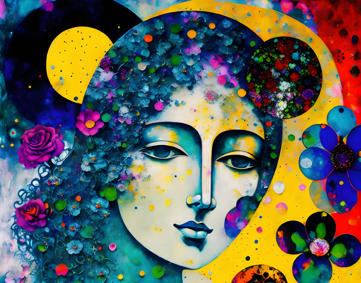 Abstract painting: Serene face with vibrant flowers and celestial elements