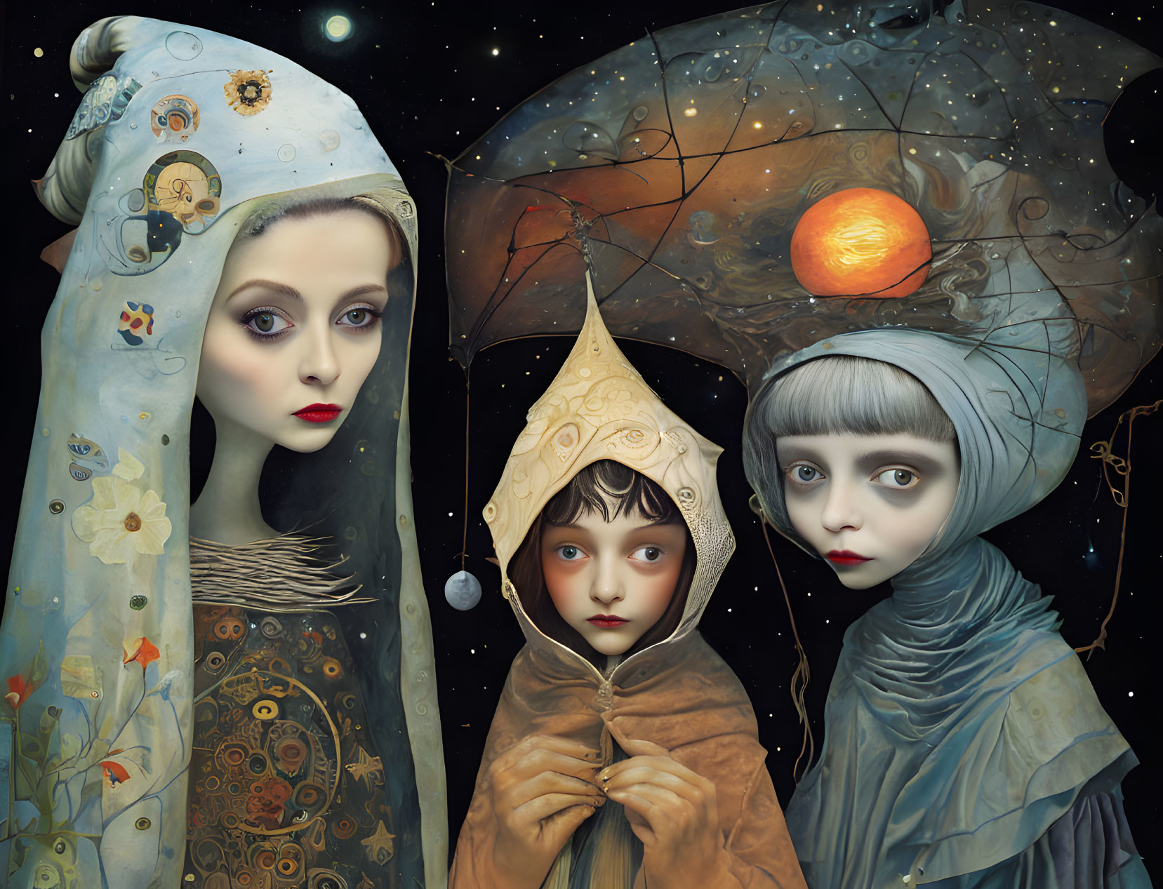 Stylized characters in ethereal garments under starry sky