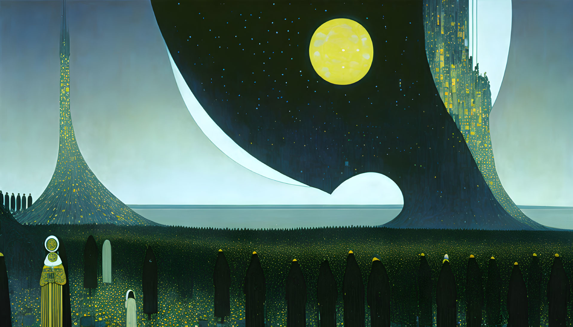 Surreal landscape with large moon and art nouveau structures