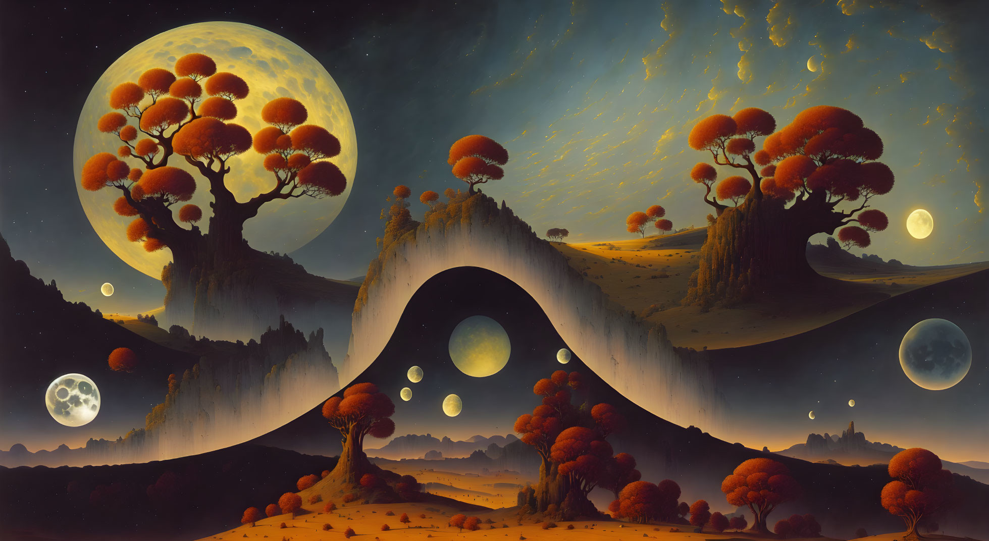 Surreal Landscape with Oversized Mushroom Trees and Multiple Moons