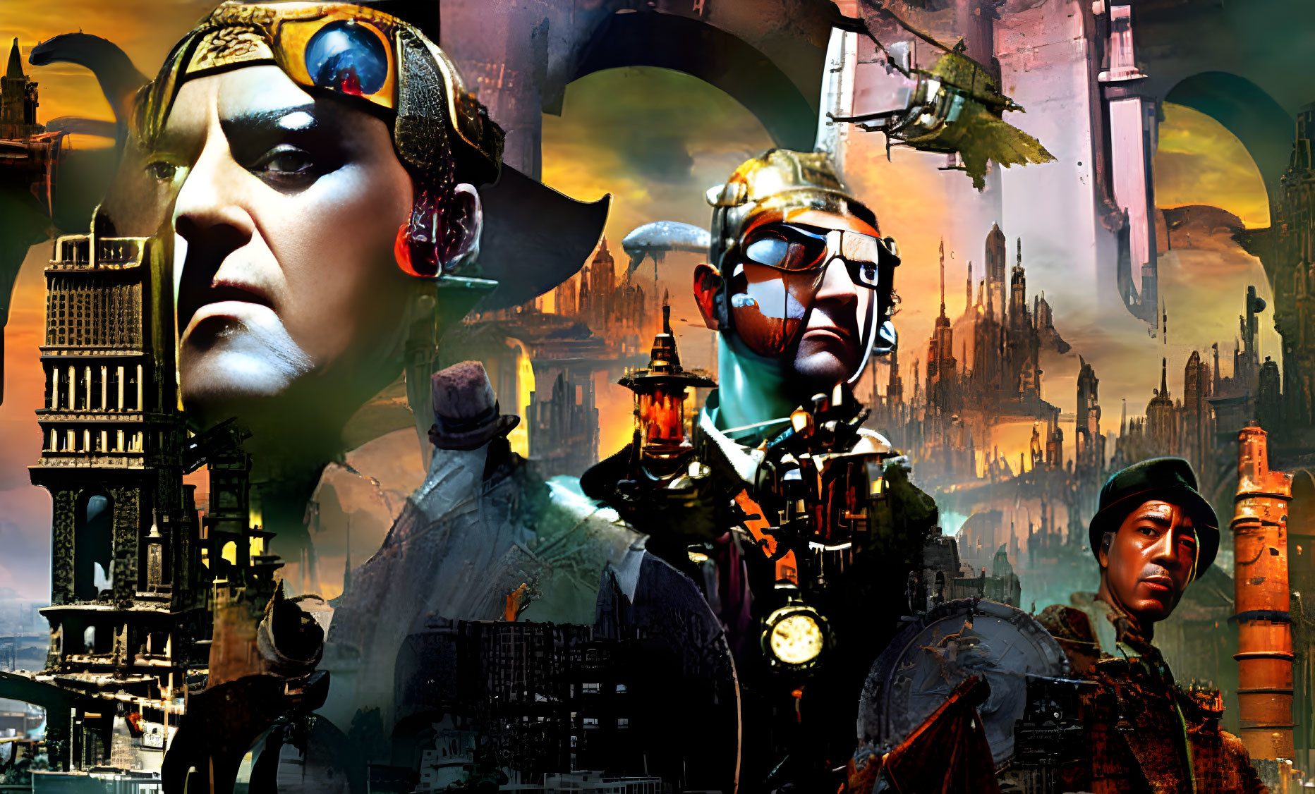 Cyberpunk-themed collage with futuristic characters and cityscapes