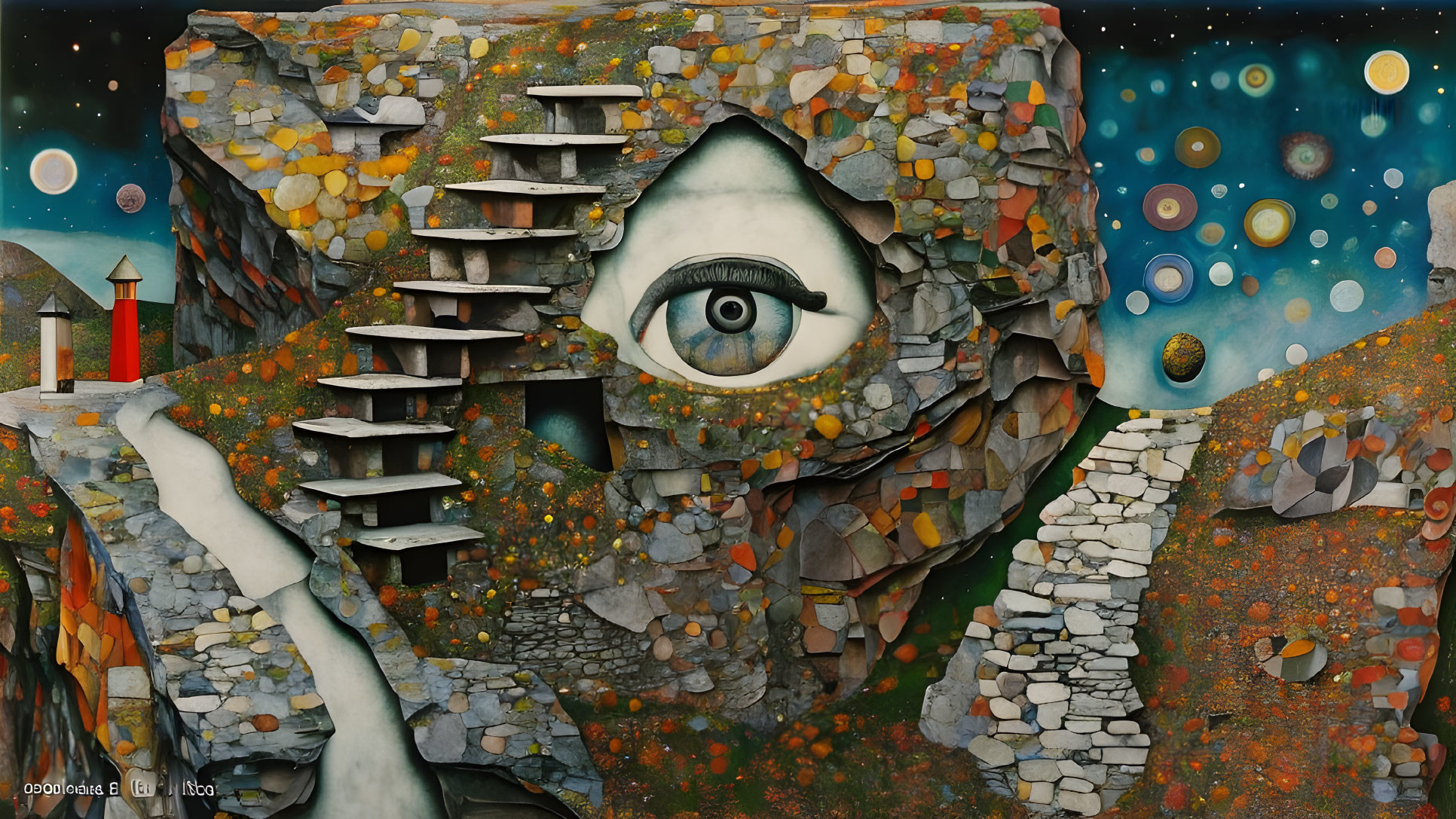 Surreal painting of giant eye in stone structure with cosmic backdrop