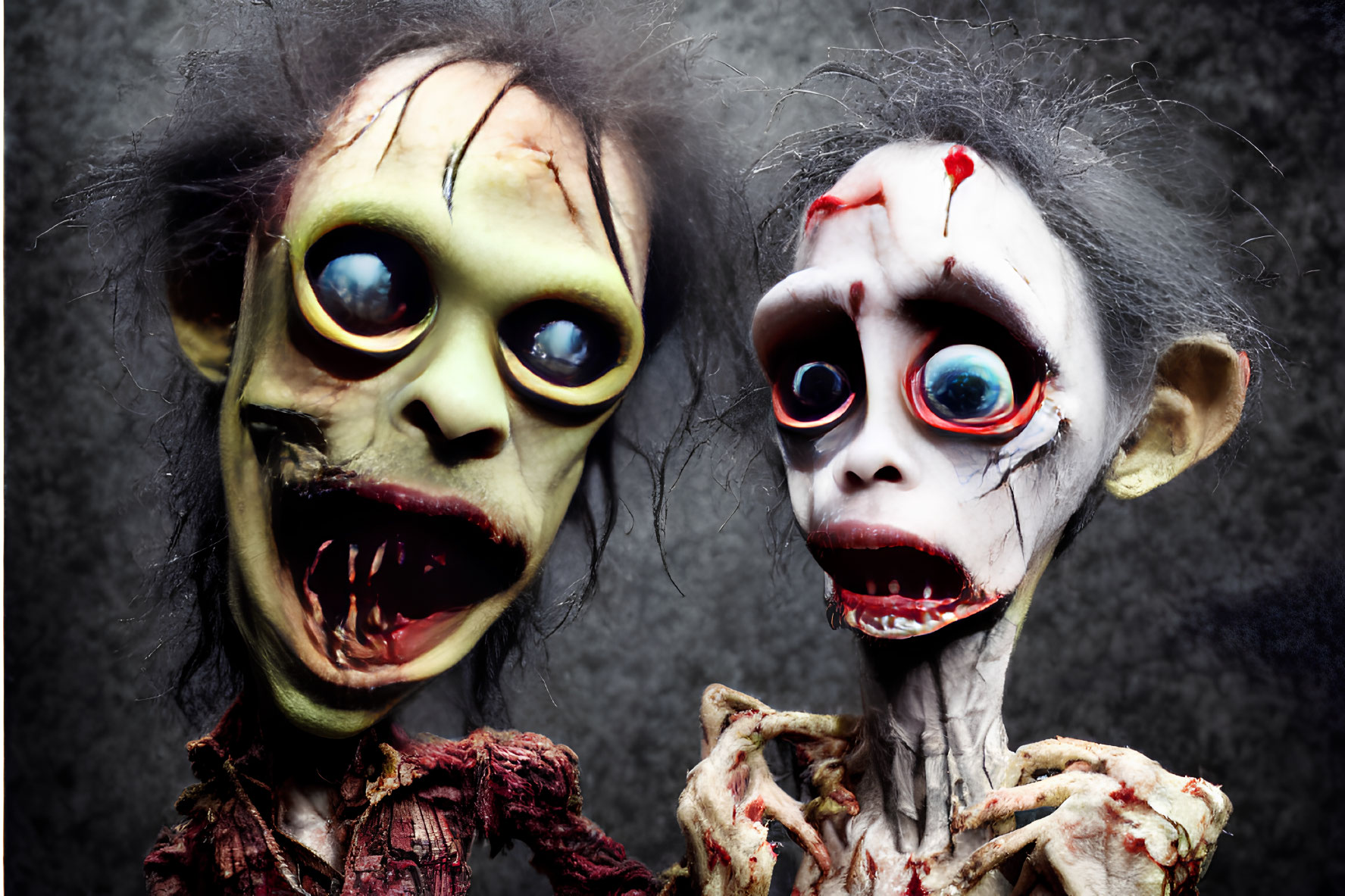 Grotesque zombie dolls with oversized eyes and bloody details