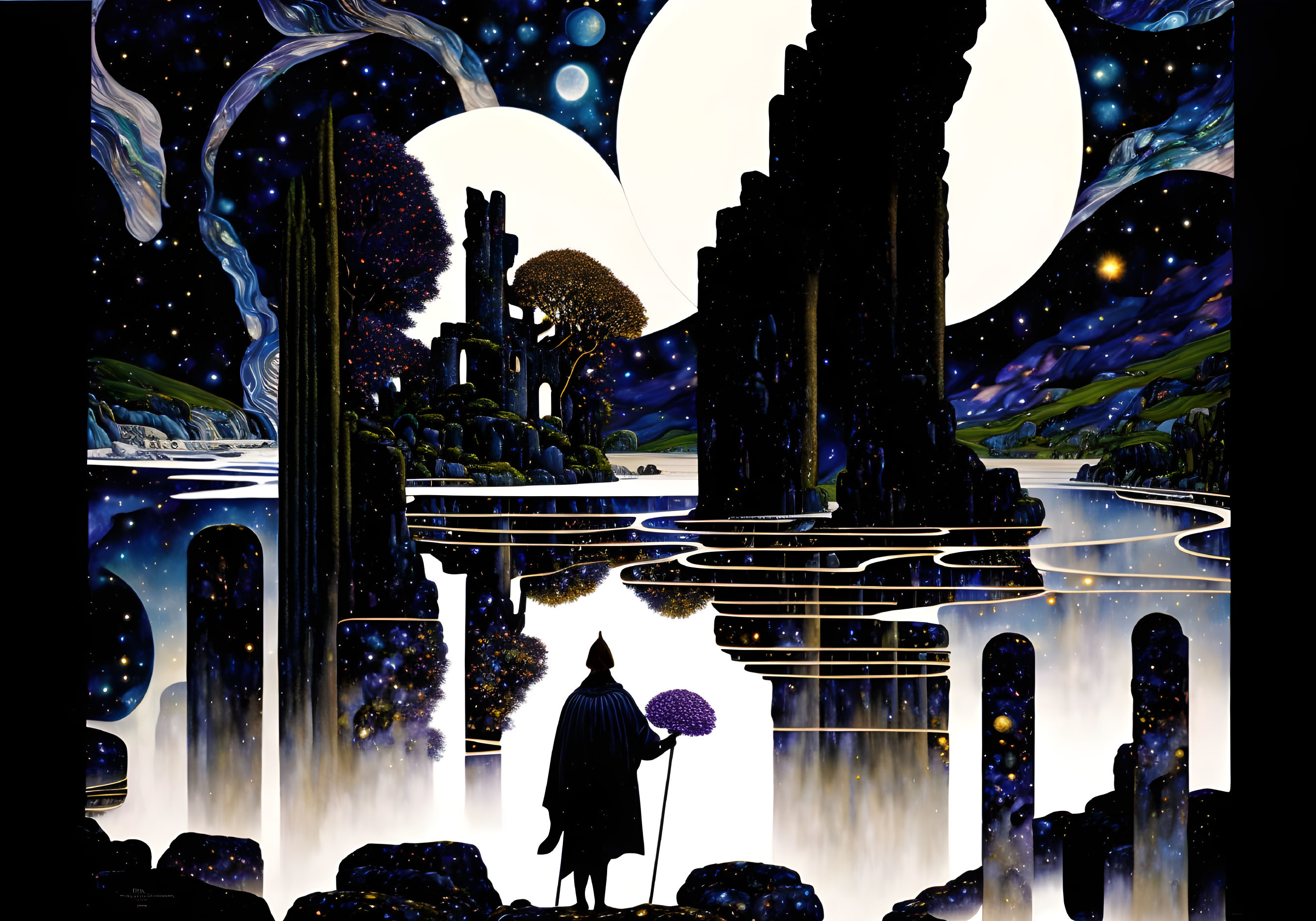 Cloaked figure with umbrella in fantastical nightscape