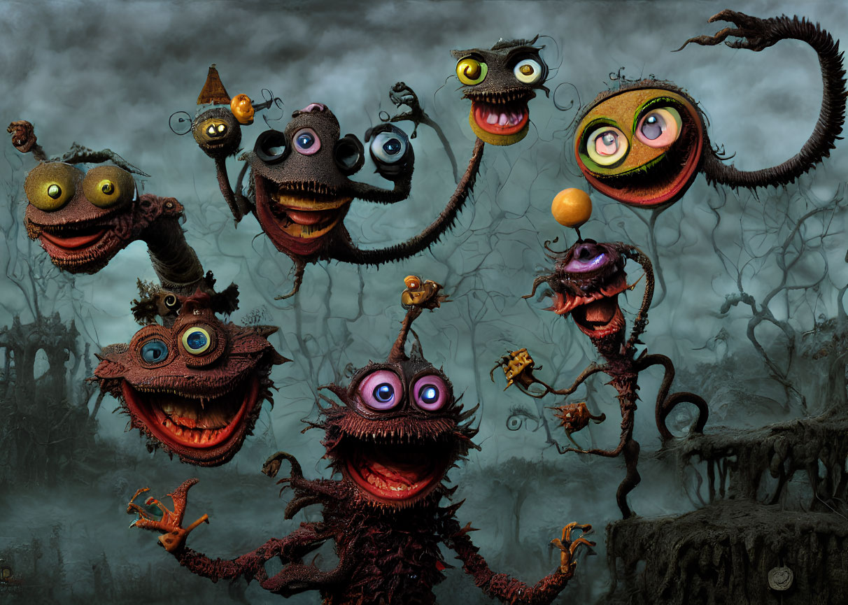 Whimsical creatures in gloomy forest with exaggerated eyes