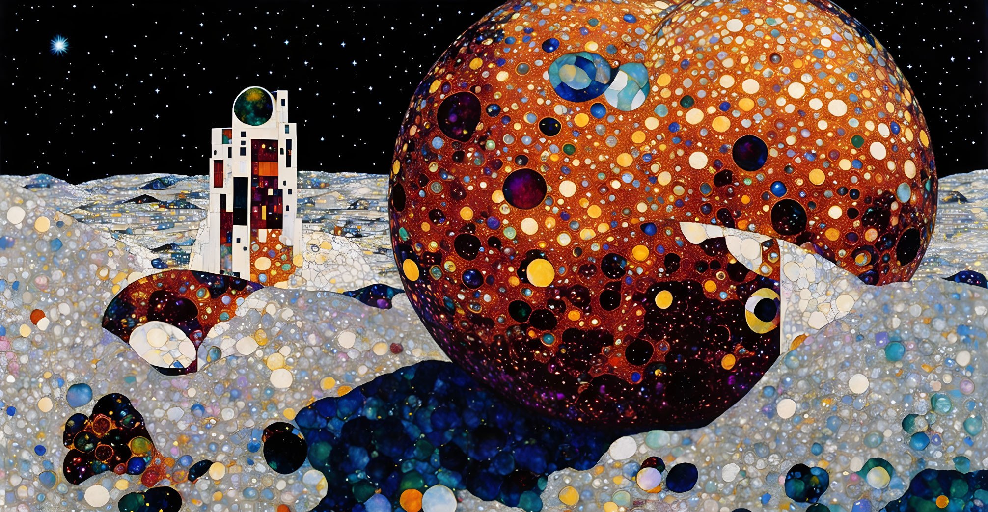 Colorful Mosaic Space Art with Planet, Moon, and Rocket