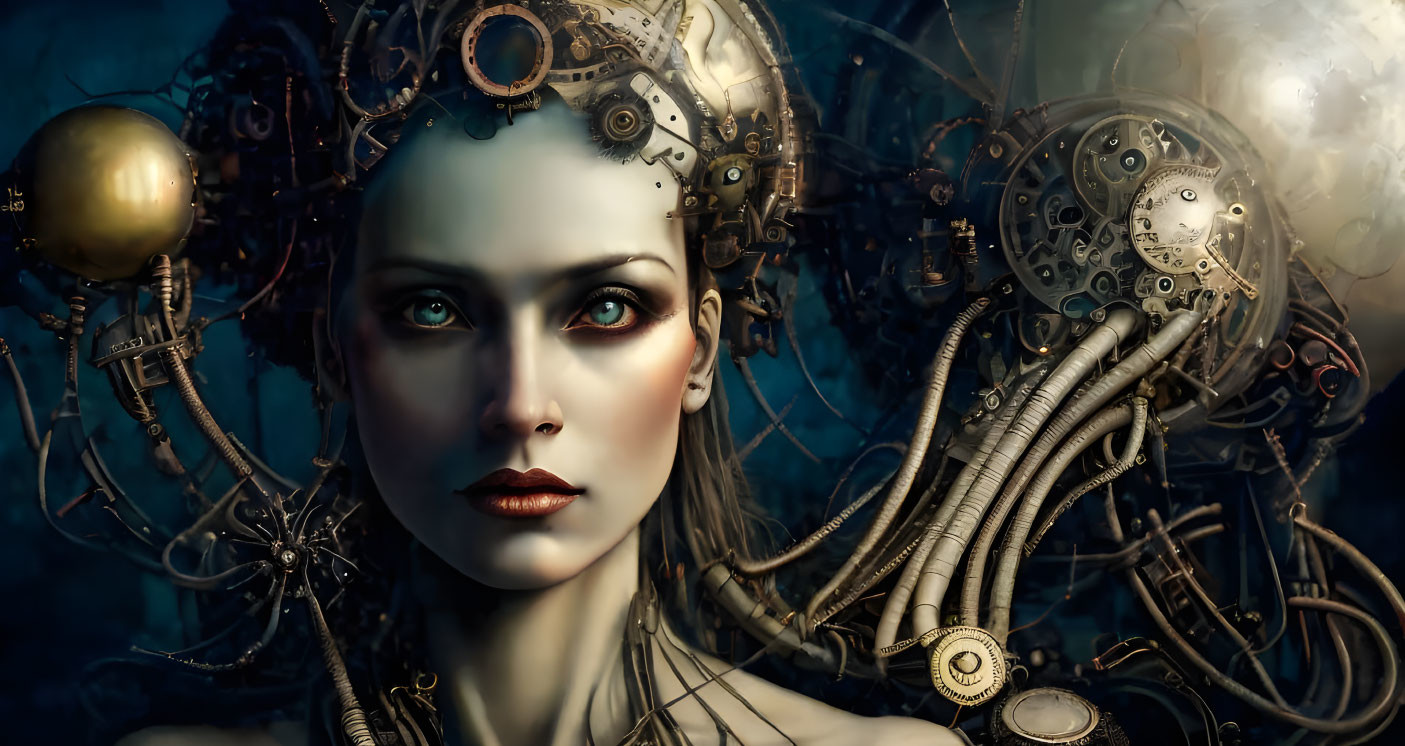 Steampunk cyborg woman with mechanical parts and cogwheels integrated into her head