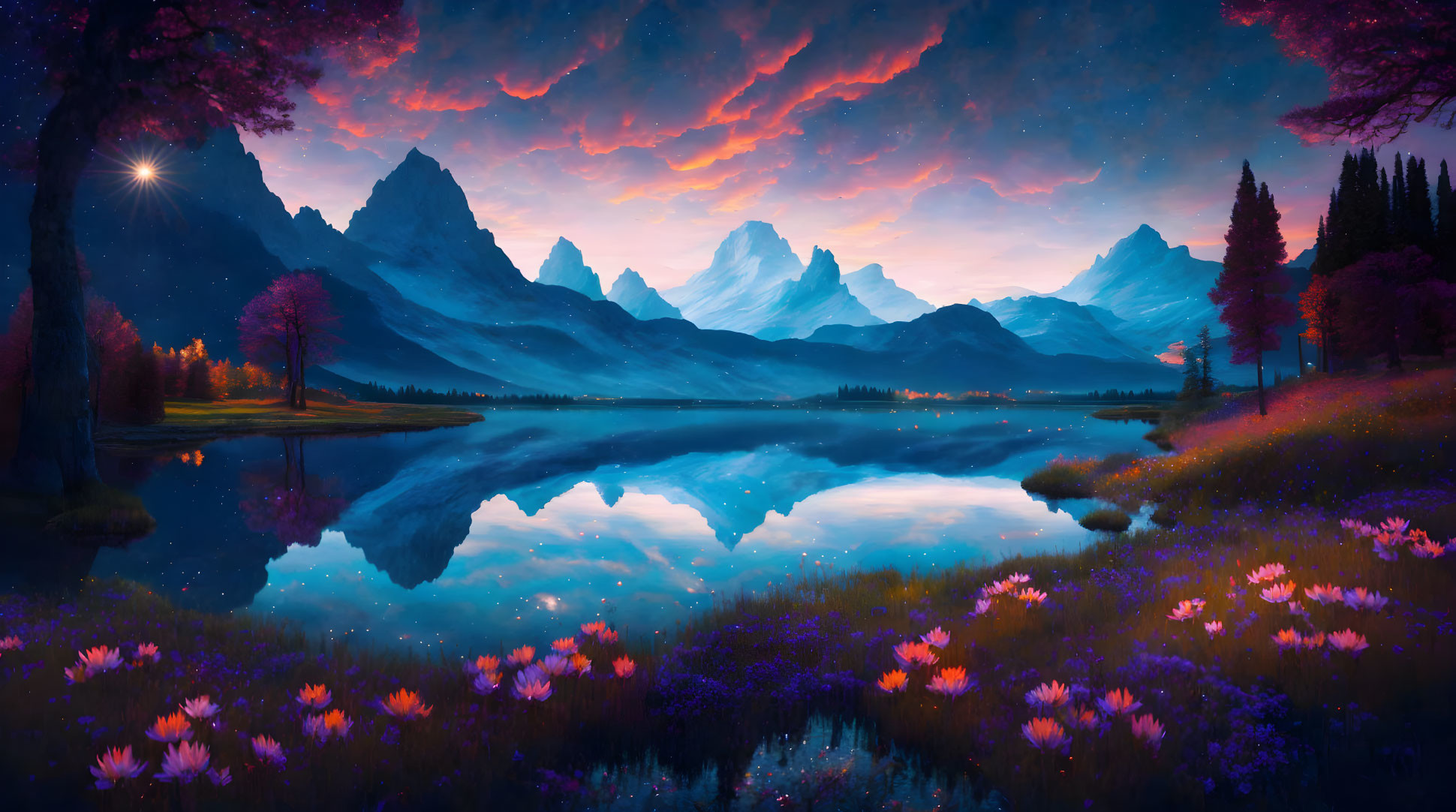 Scenic landscape: mirror lake, purple skies, mountains, trees, flowers