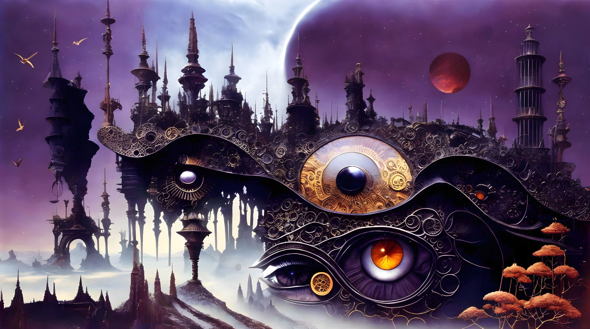 Surreal landscape with towering spires, flying machines, and mechanical eyes under galaxy sky