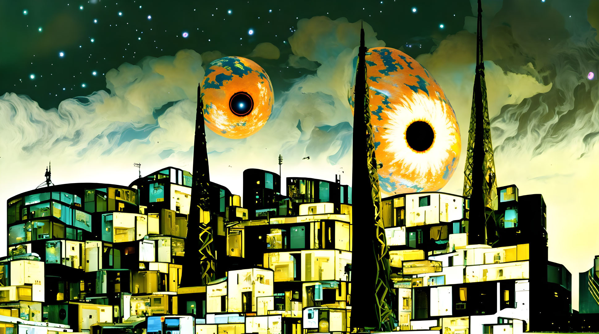 Surreal cityscape with eye-like celestial bodies and mismatched buildings