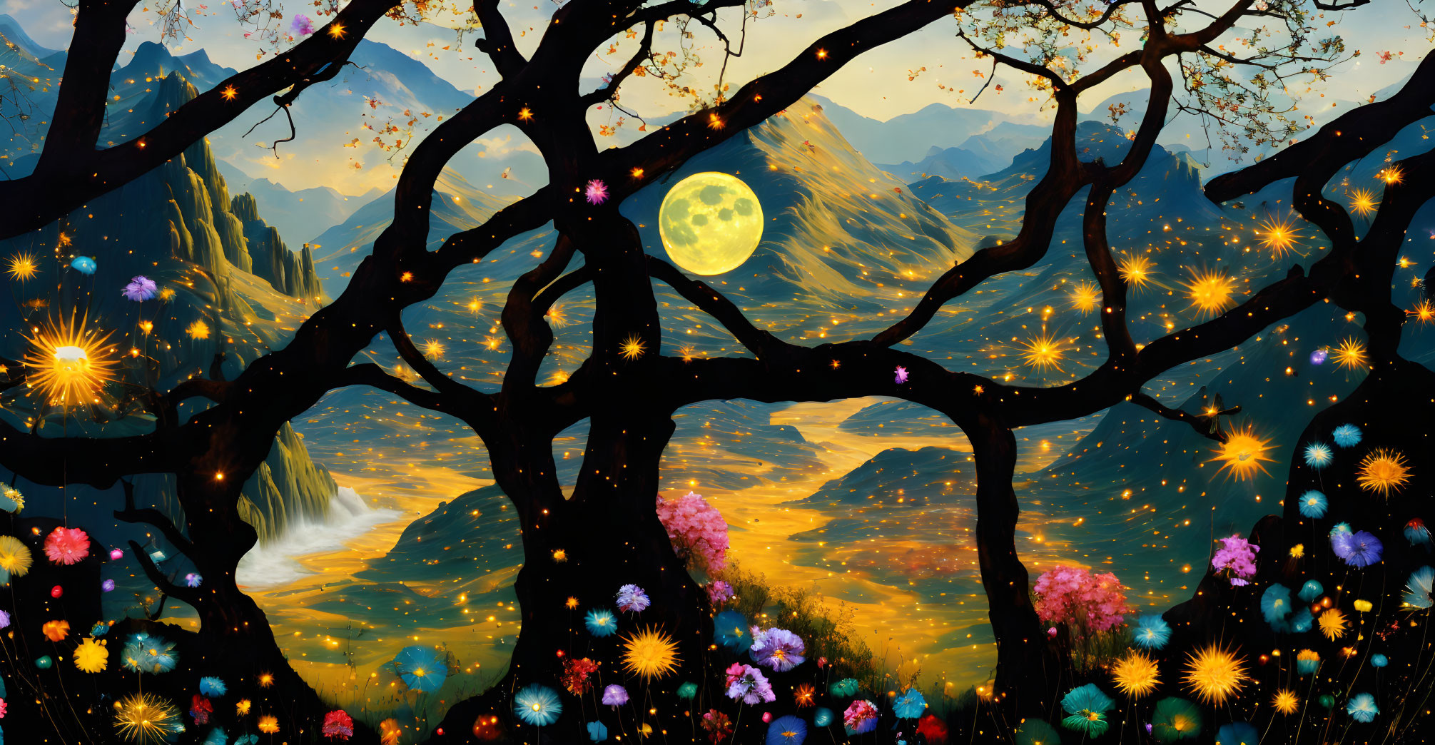 Fantastical landscape with glowing flowers, full moon, silhouetted trees, mountains, star