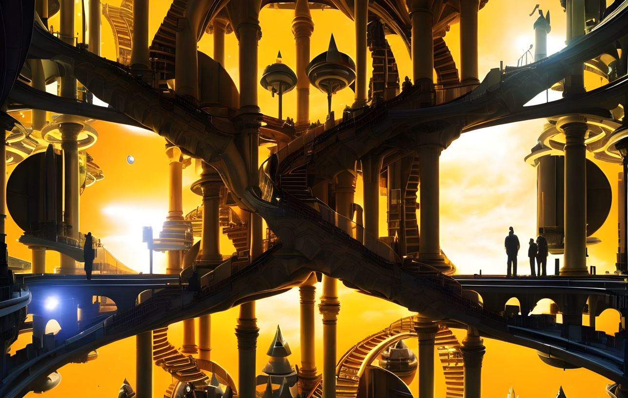 Golden futuristic cityscape with intricate architecture and silhouetted figures.