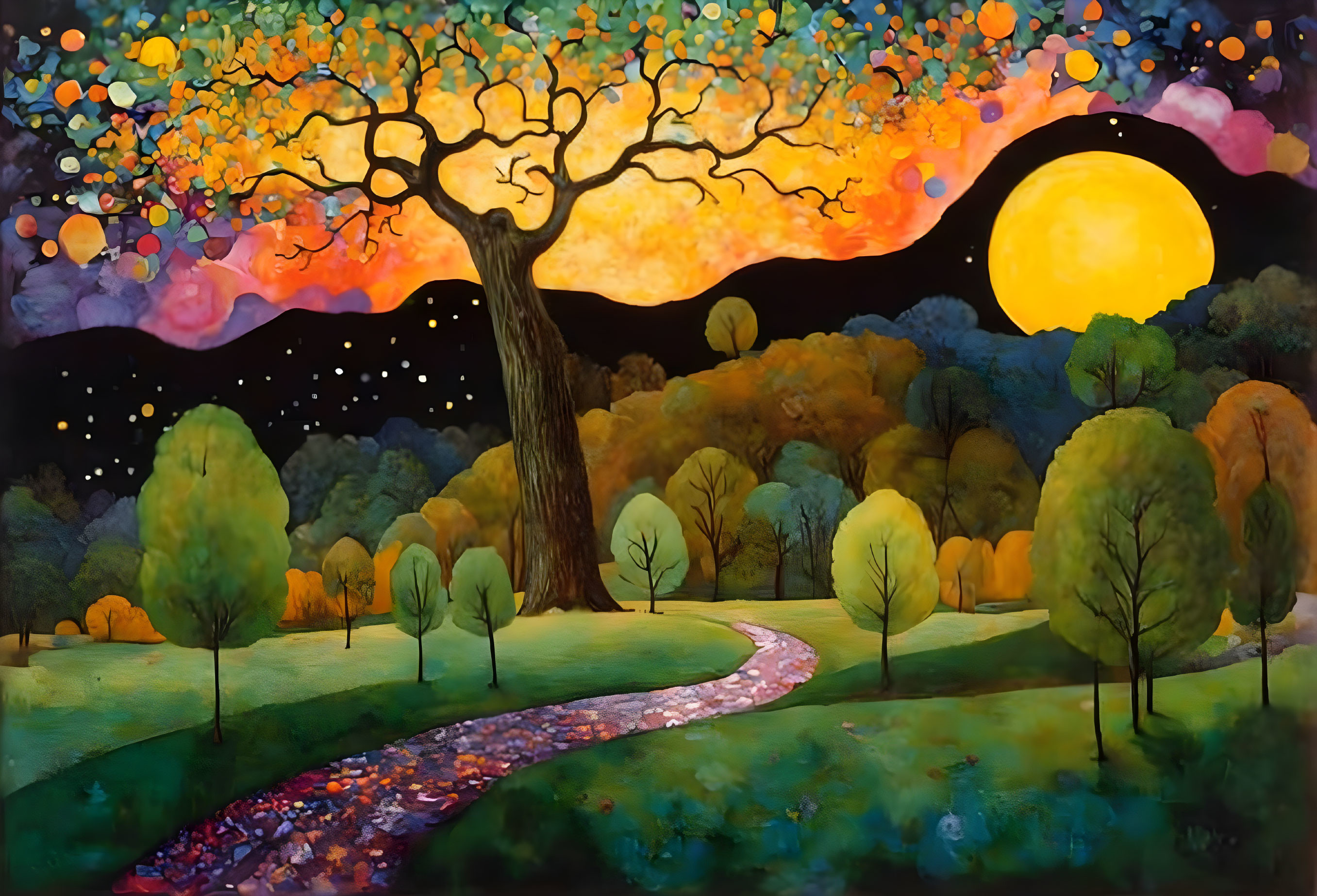 Colorful painting of whimsical tree, river, and moon in vibrant landscape