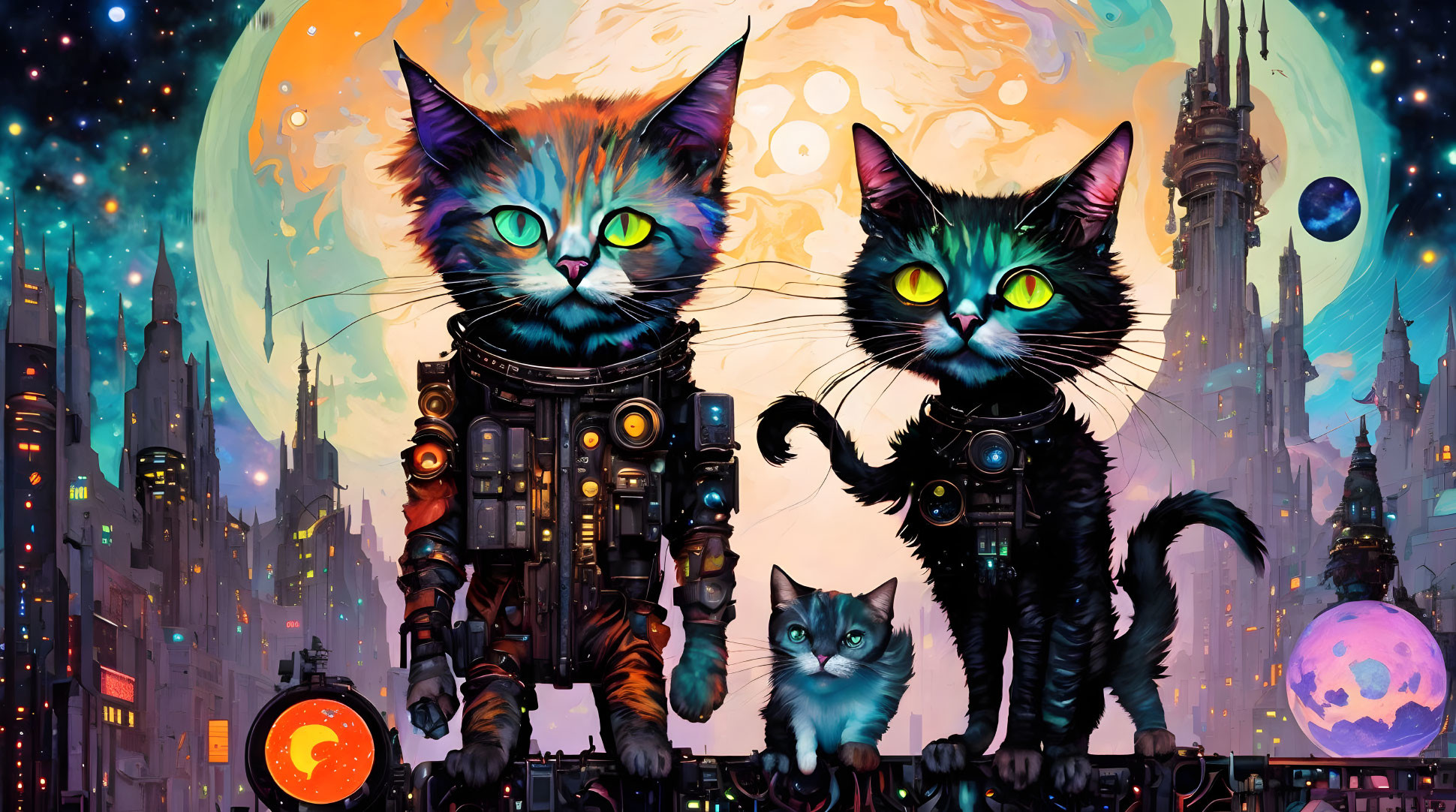 Three cybernetic cats with glowing eyes in front of futuristic cityscape.