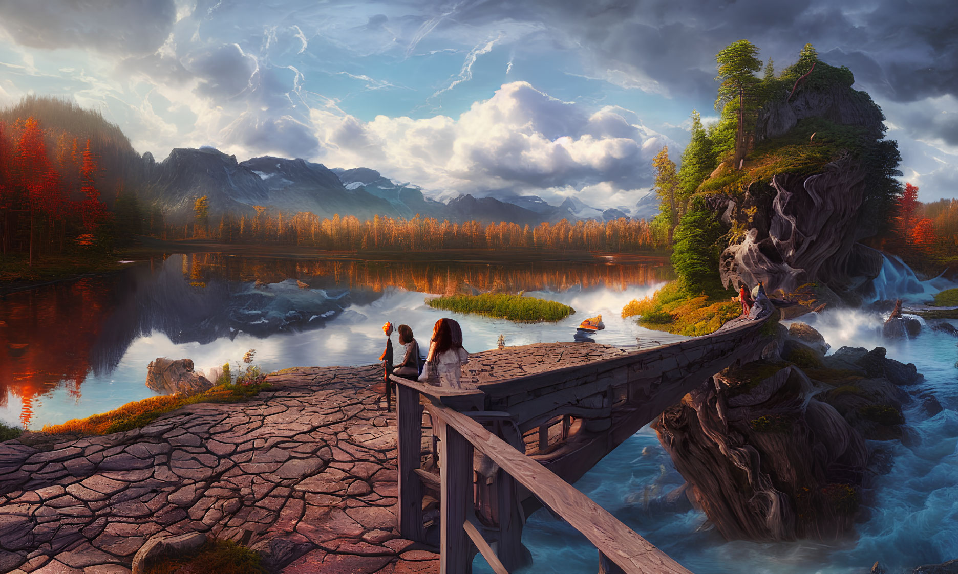 Scenic view of two people on wooden bridge above autumn lake