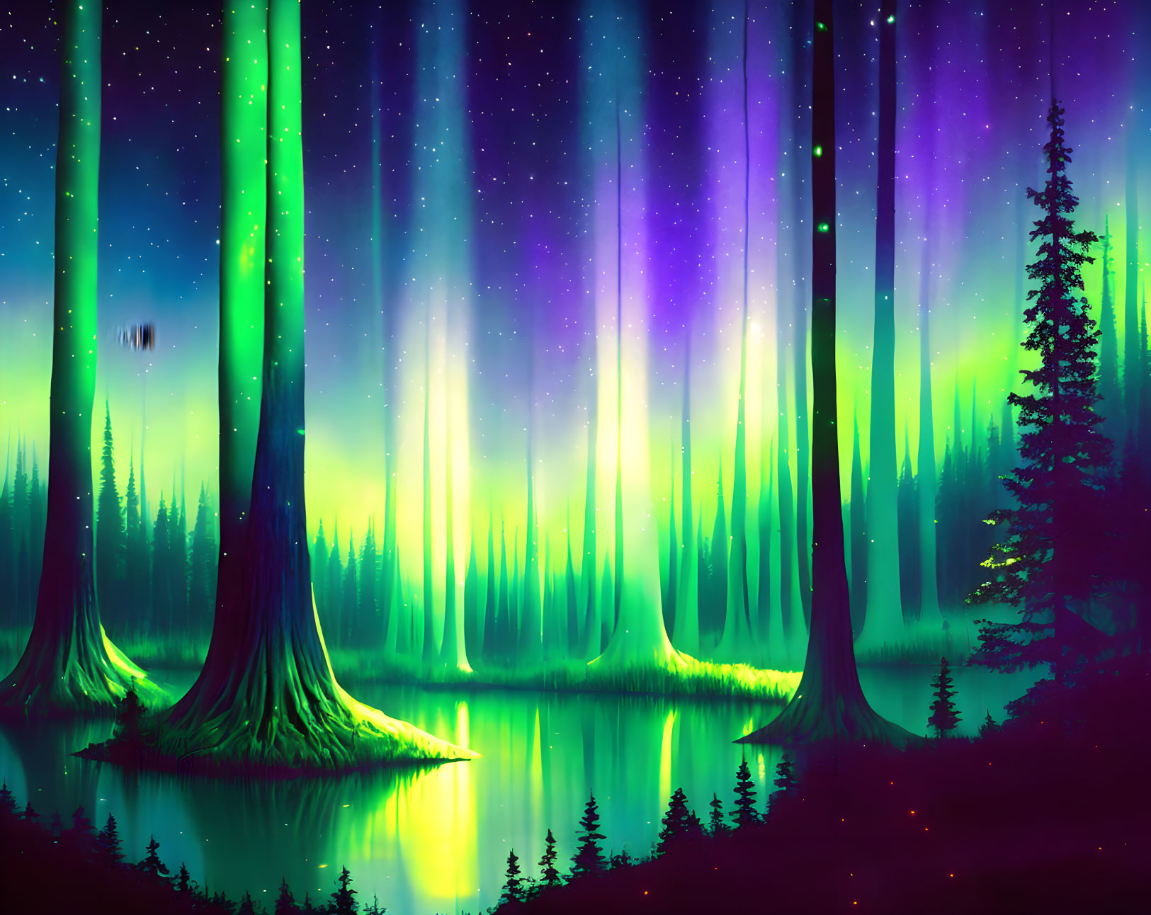 Northern Lights illuminate forest, lake, and starry sky