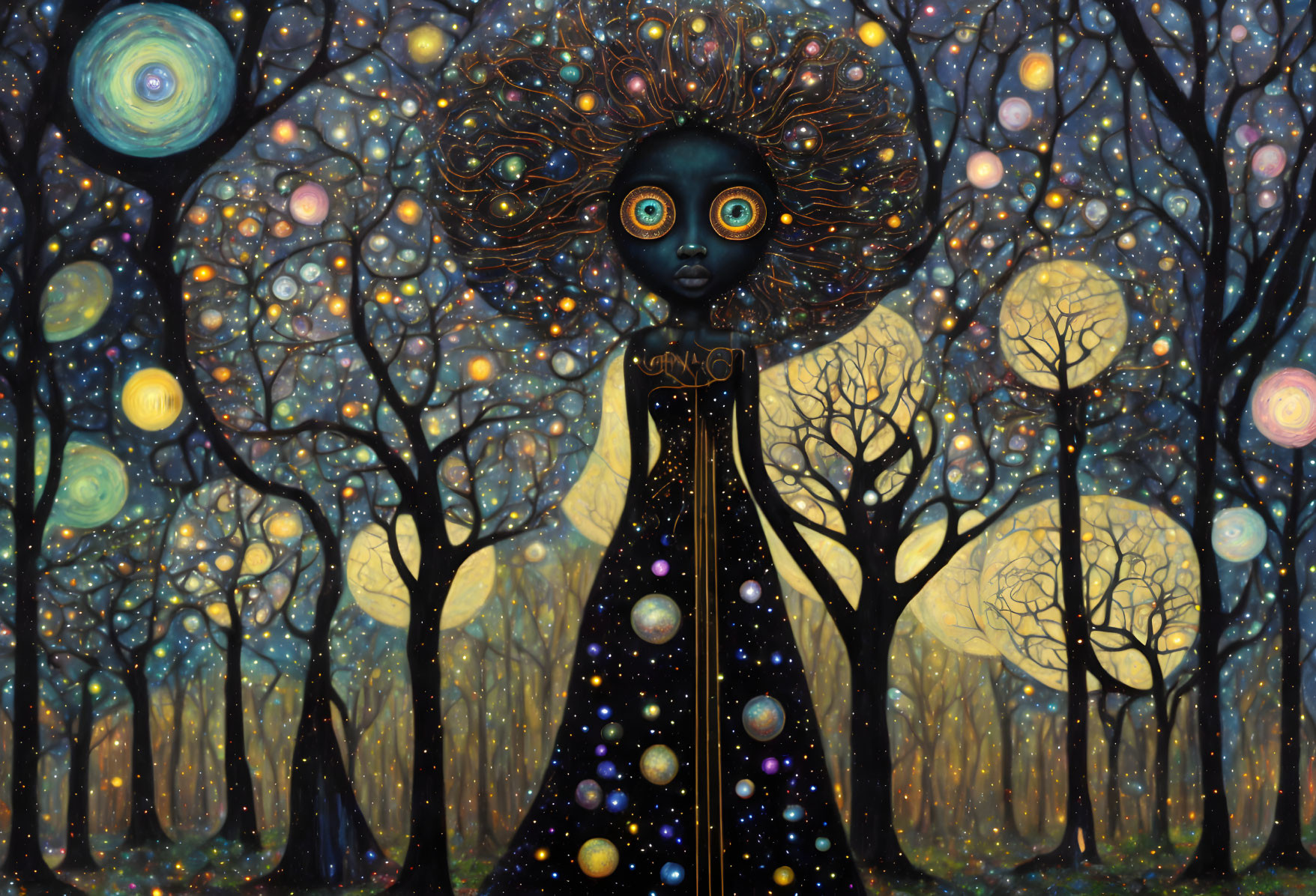 Whimsical painting of figure with starry night hair and magical forest dress